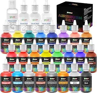 Airbrush Paint 24 Colors, Water Based Airbrushing Paint, Acrylic Paints for Airbrush with 2 Thinner, 1 Lubricant and 1 Cleaner, Bright Air Brush Paints for Metal, Models, Canvas, Wood, 30ml