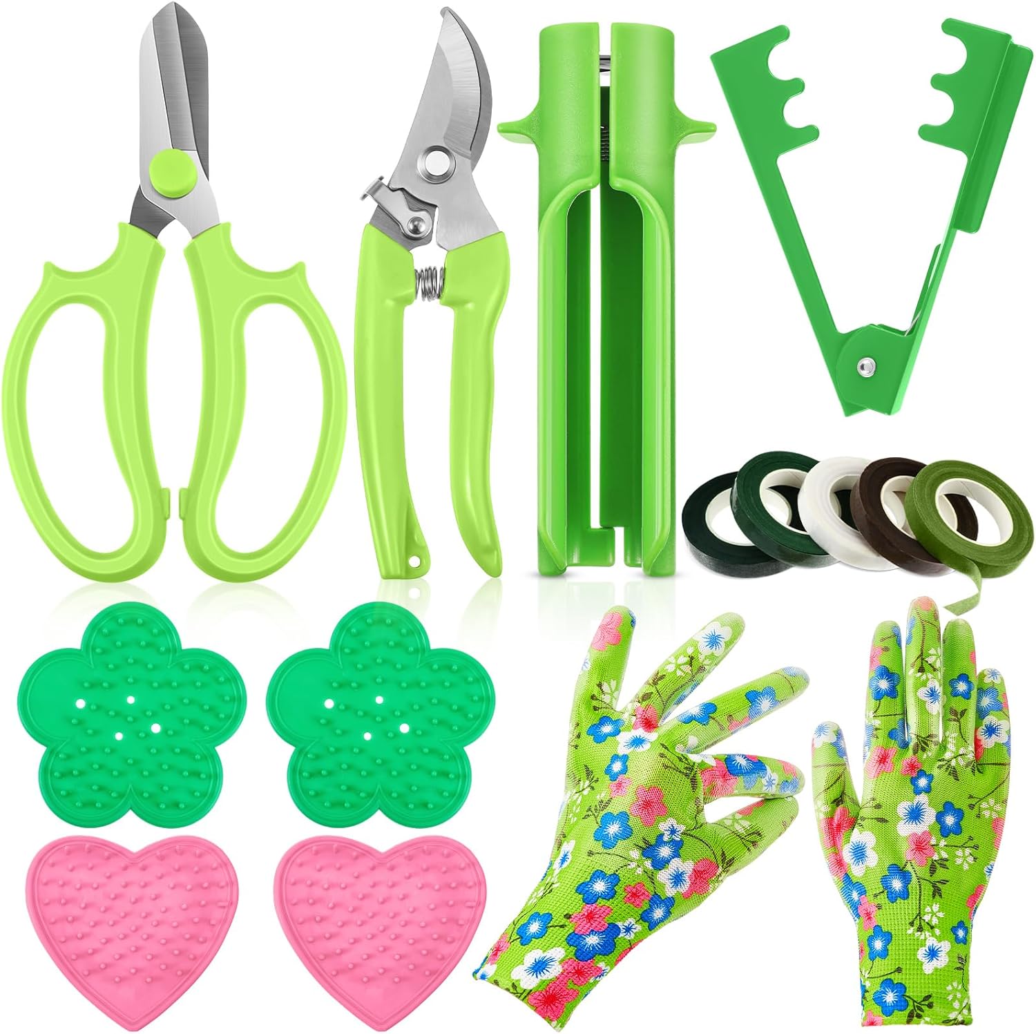 14 Pcs Mother's Day Rose Stripper Thorn Remover Tool Garden Pruning Shears Scissors Kit Leaf Stripping Tool Floral Gloves and Floral Tape Flower Stripper Kit Gift for Wedding Outdoor Gardening(Pink)