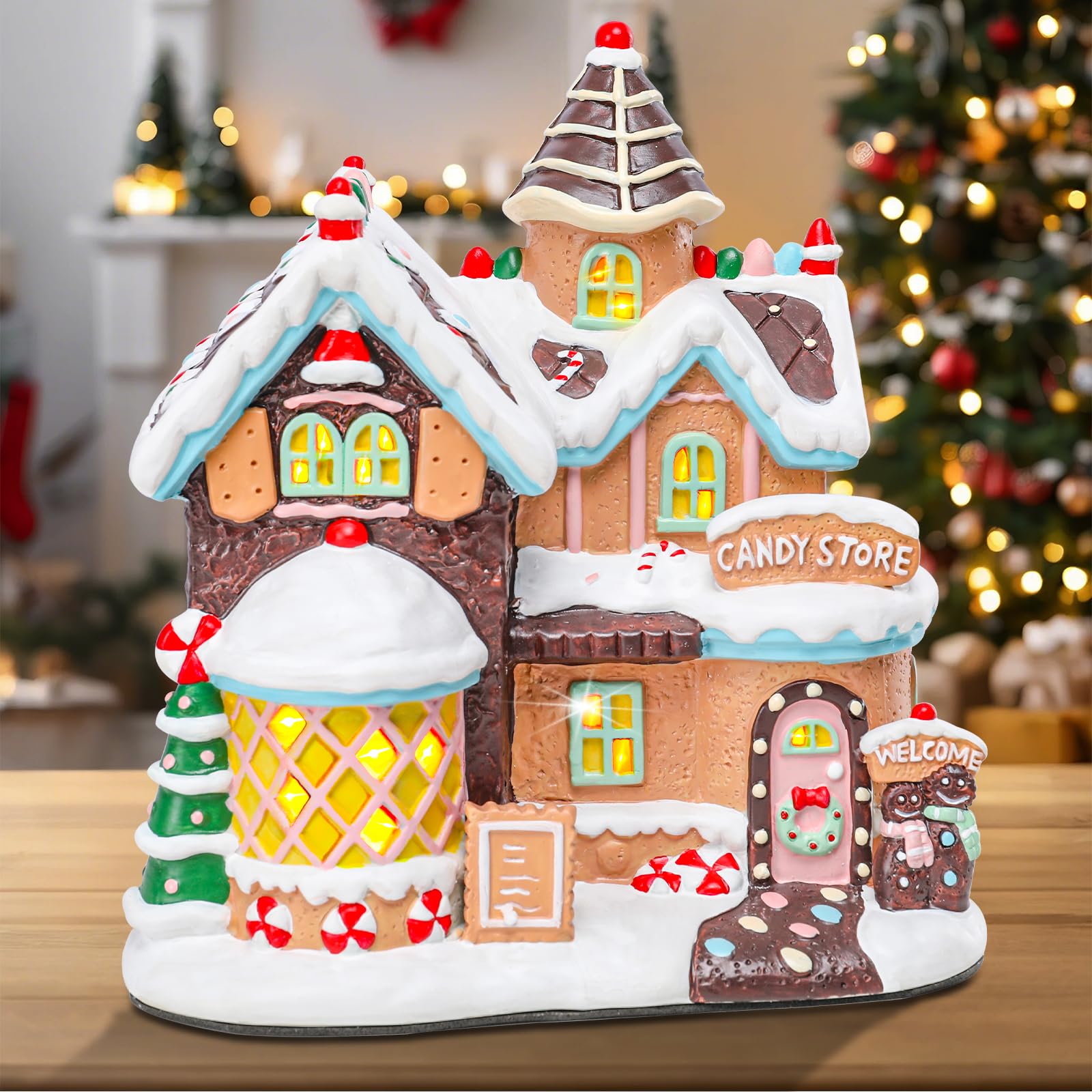 Vipush Christmas Village House Charming Christmas Ceramic Candy Store Decoration with Lights – Perfect Illuminated Holiday Centerpiece for Your Festive Decor