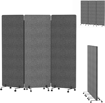 Room Divider on Wheels, 72W Partition Room Dividers Folding Privacy Screen, 3 Panel Wall Divider for Room Separation, Freestanding Rolling Separator Screens for Home Office, Hospital Dark Gray