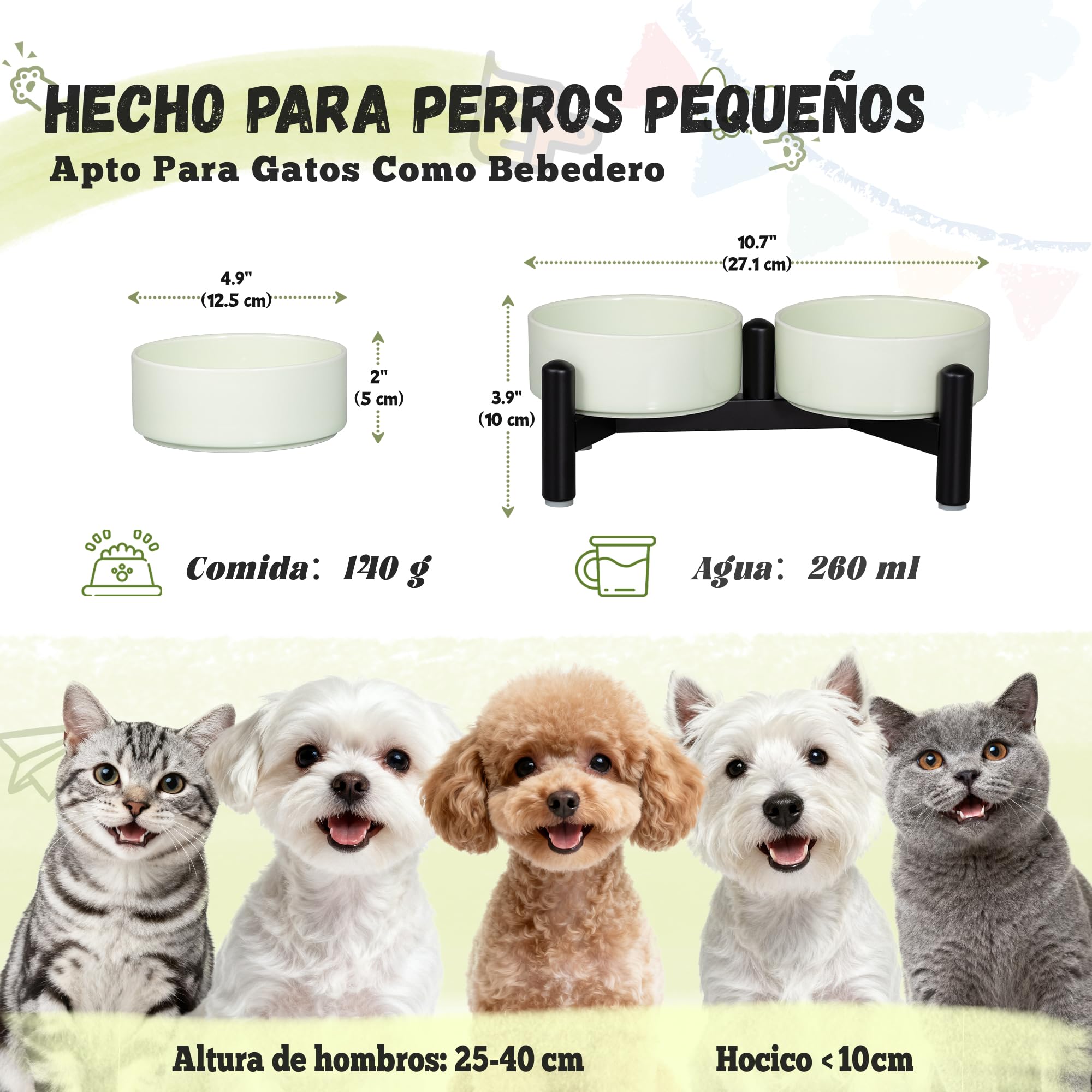 Comedero Perro Elevado de Cerámica Doble - Set de Comederos y Bebederos con Soporte de Acero Inoxidable - Cuencos Coloridos para Gatos y Perros Pequeños - 140 g / 260 ml - Altura 10 cm - Verde