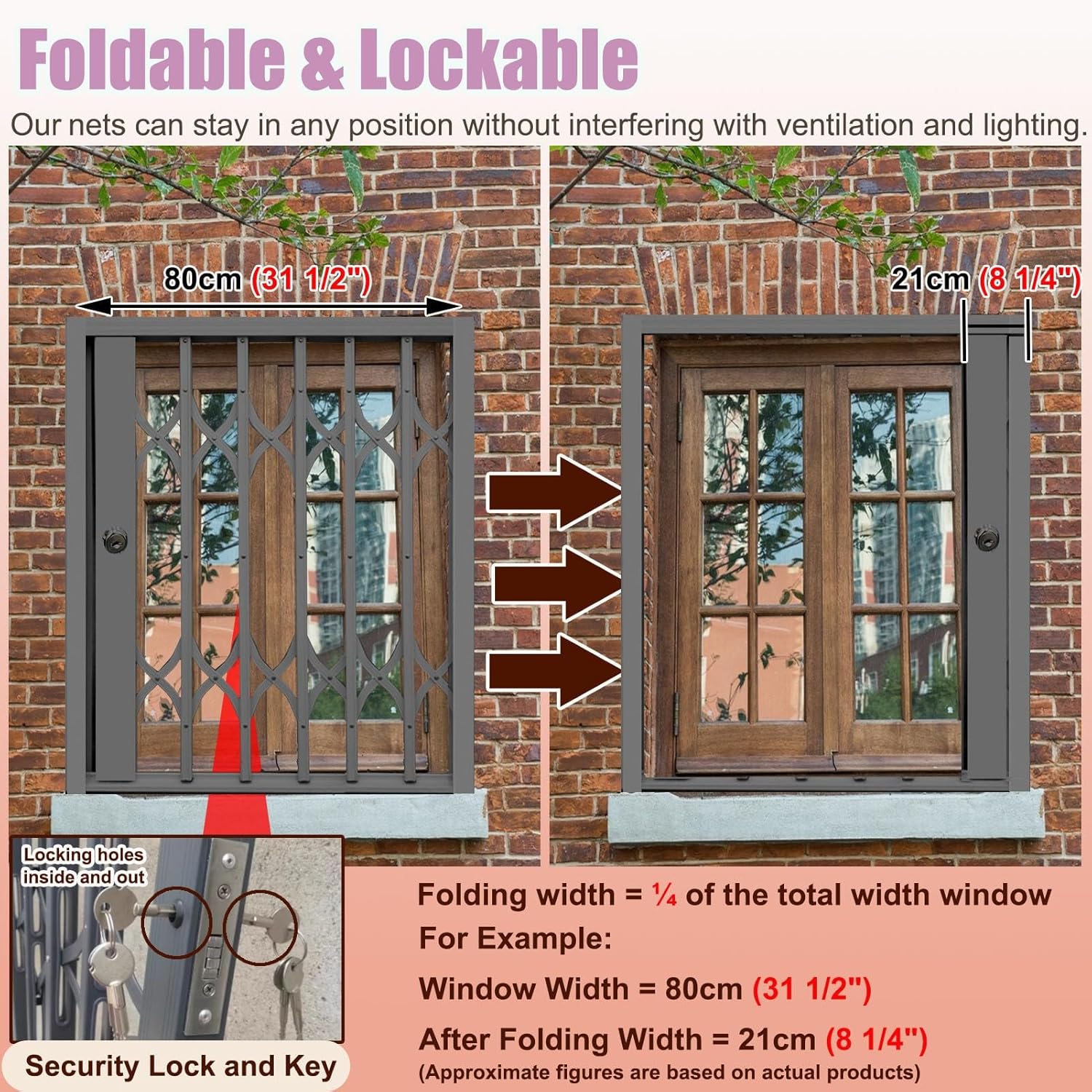 Lockable Folding Cat Window Guards - Adjustable Security Bars for Windows, Black Aluminum Burglar Bars, Fits 24-36 Inch Width (28x49 Inch/71x124.5cm)