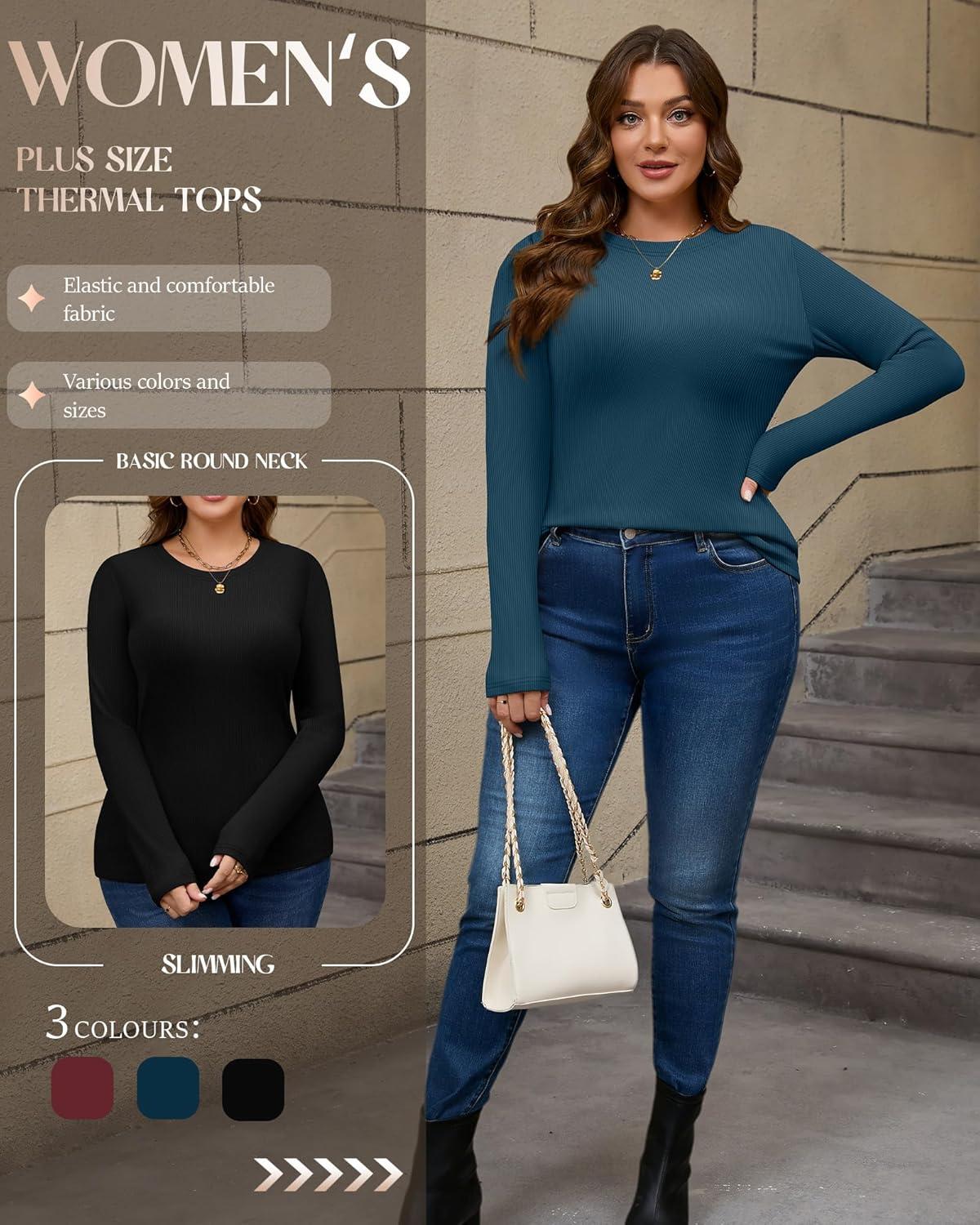 3 Pack Plus Size Thermal Shirts for Women Long Sleeve Ribbed Knit Underwear Tops Base Layer Tee - Image 6