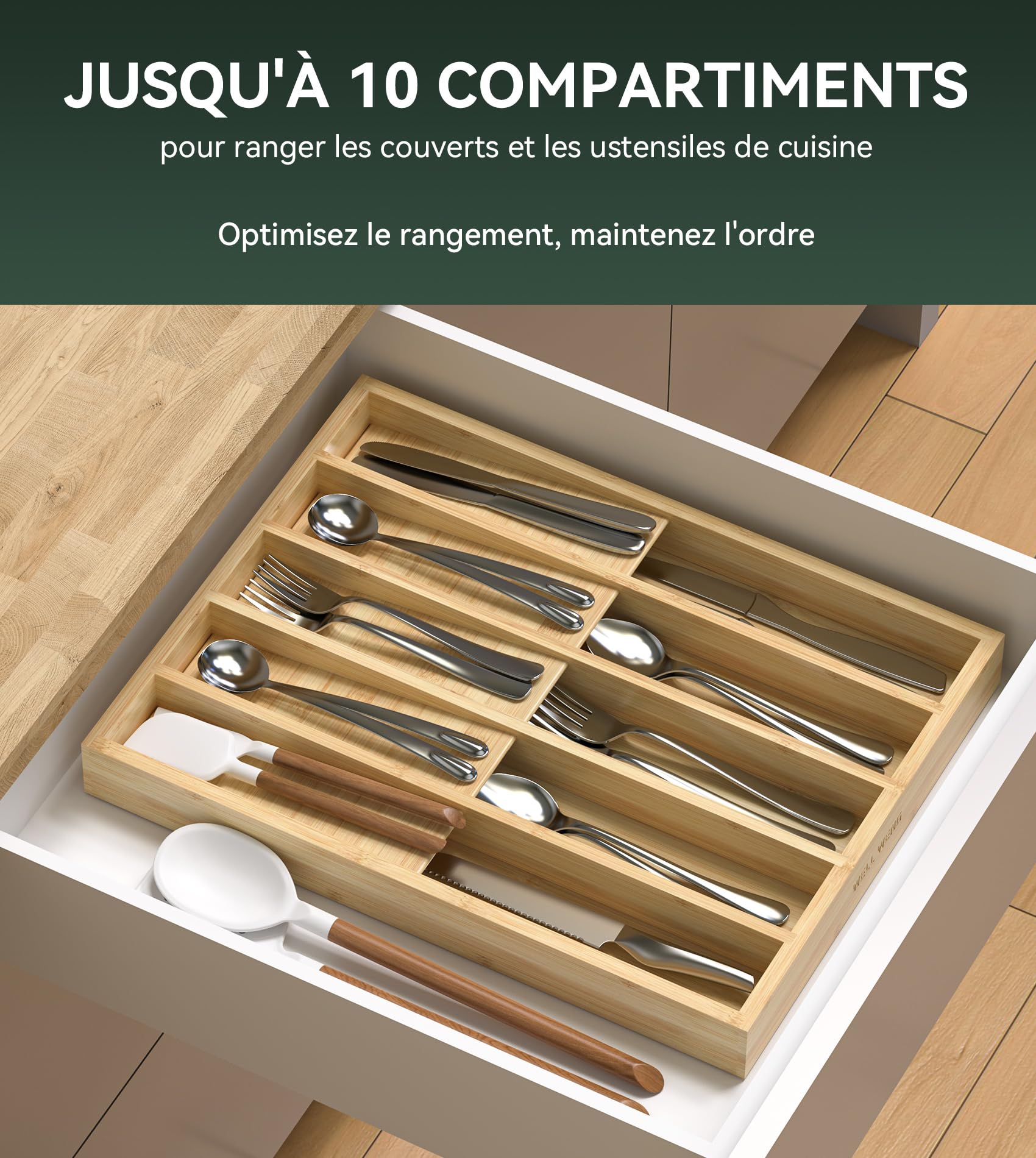 WELL WENG Cutlery Tray for Bamboo Drawer, Utensils Tray | 16 x 31.5 x 4.2 cm, 10 Compartments Kitchen Organisation, Storage for Tableware for Spoons/Forks/Knives
