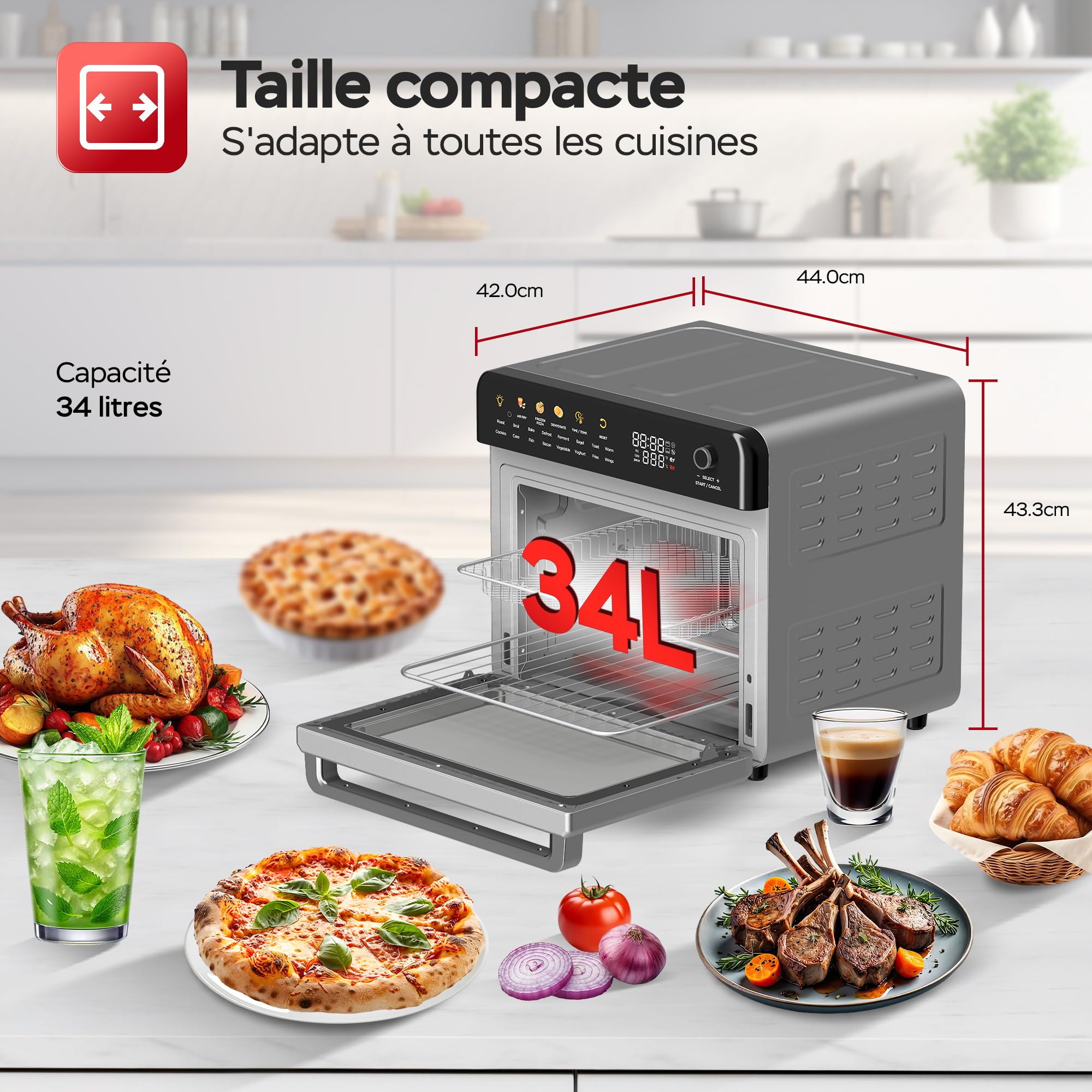 TurboTronic Four multi-intelligent, 19 en 1, four à air chaud, friteuse à air chaud, 2100 W, puissance 34 l, jusqu'à 0,5 kg de frites, mini four avec fonction déshydratation 40-230 °C, grill Airfryer