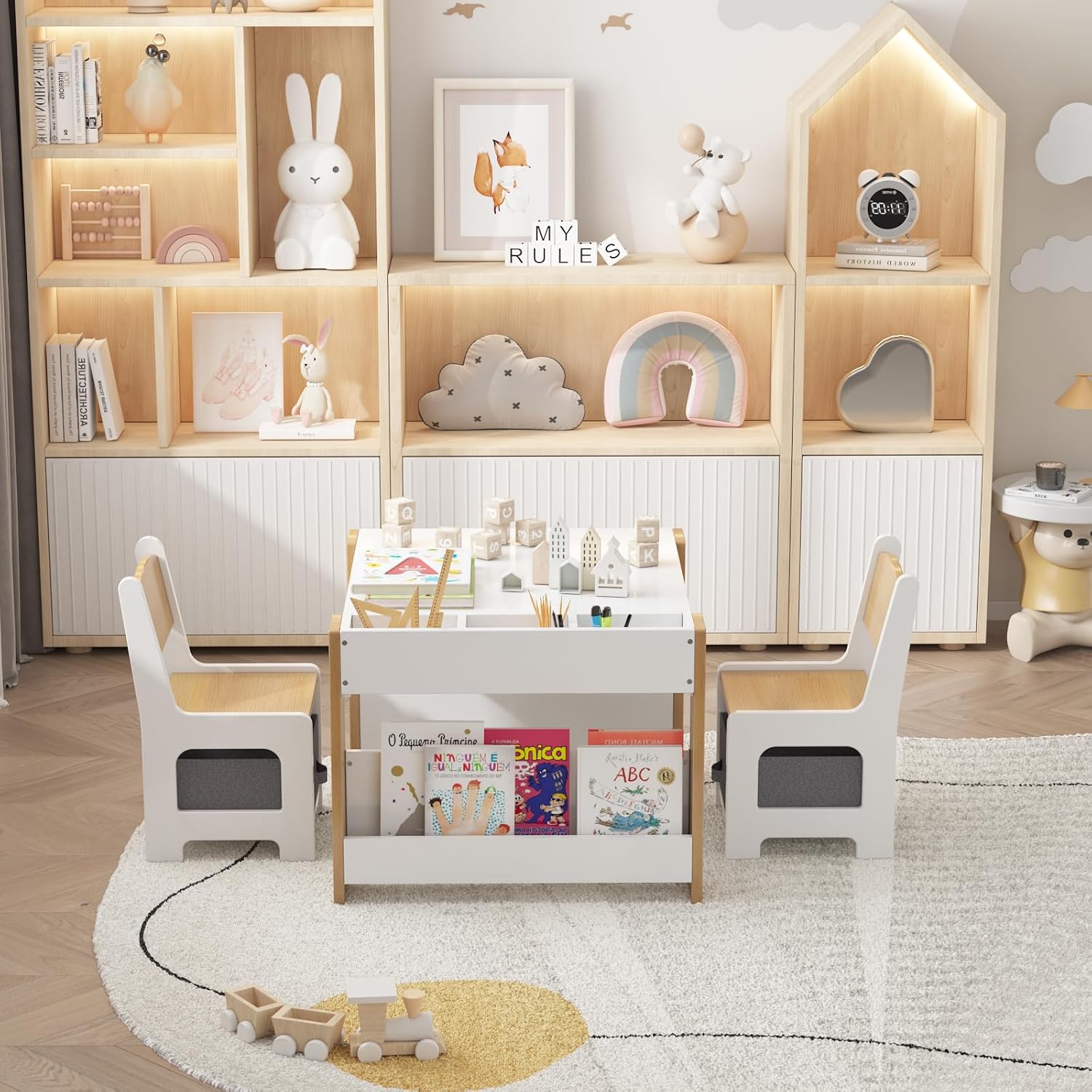 Kids Table and Chair Set - 4 in 1 Wooden Activity Table & 2 Chairs, Storage Drawer, Detachable Tabletop, for Drawing, Reading, Crafts, Art, Homework
