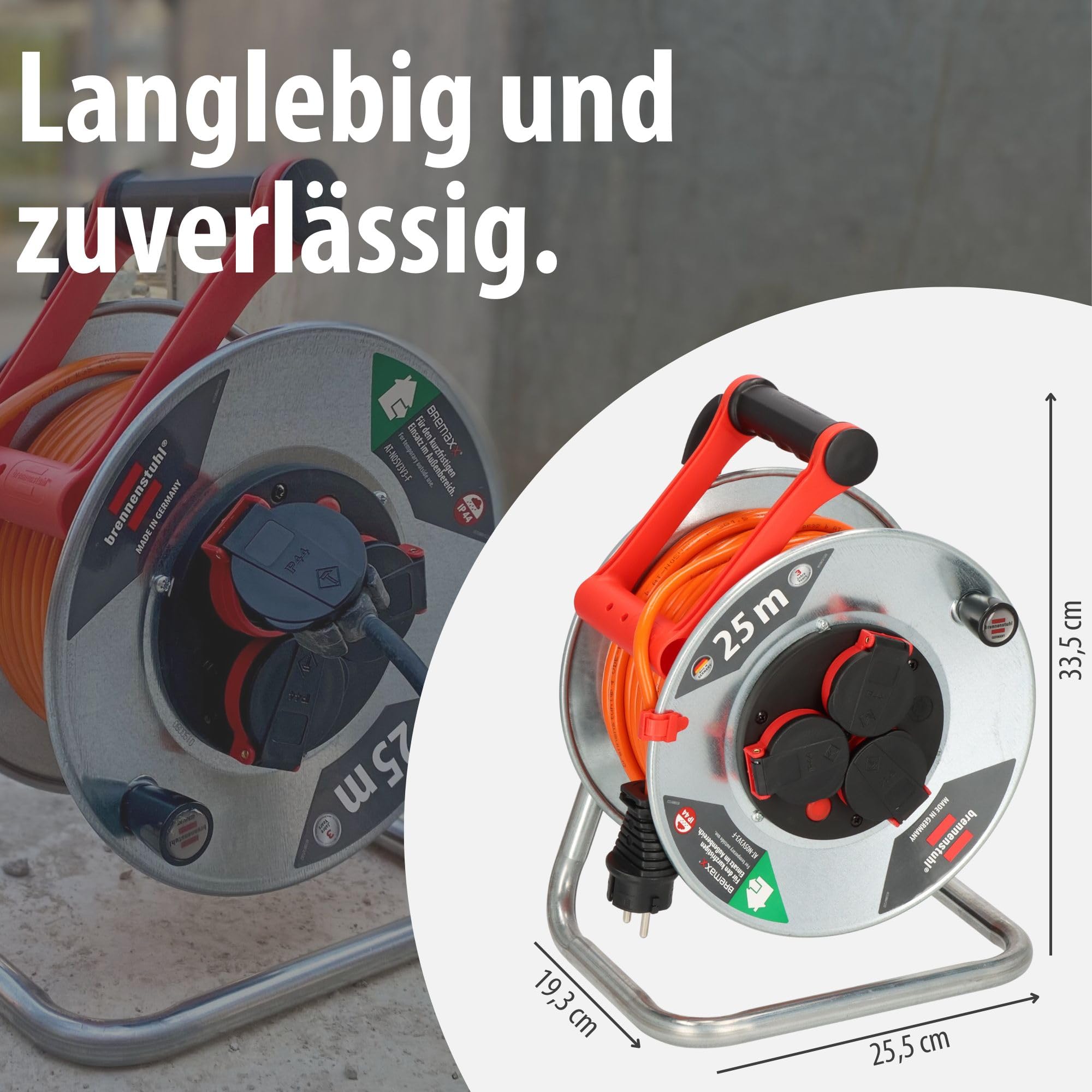 Brennenstuhl Garant S V2 IP44 Kabeltrommel 25m outdoor (Made in Germany, Kabel in Signalfarbe orange, Stahlblech, kurzfristiger Einsatz im Außenbereich)