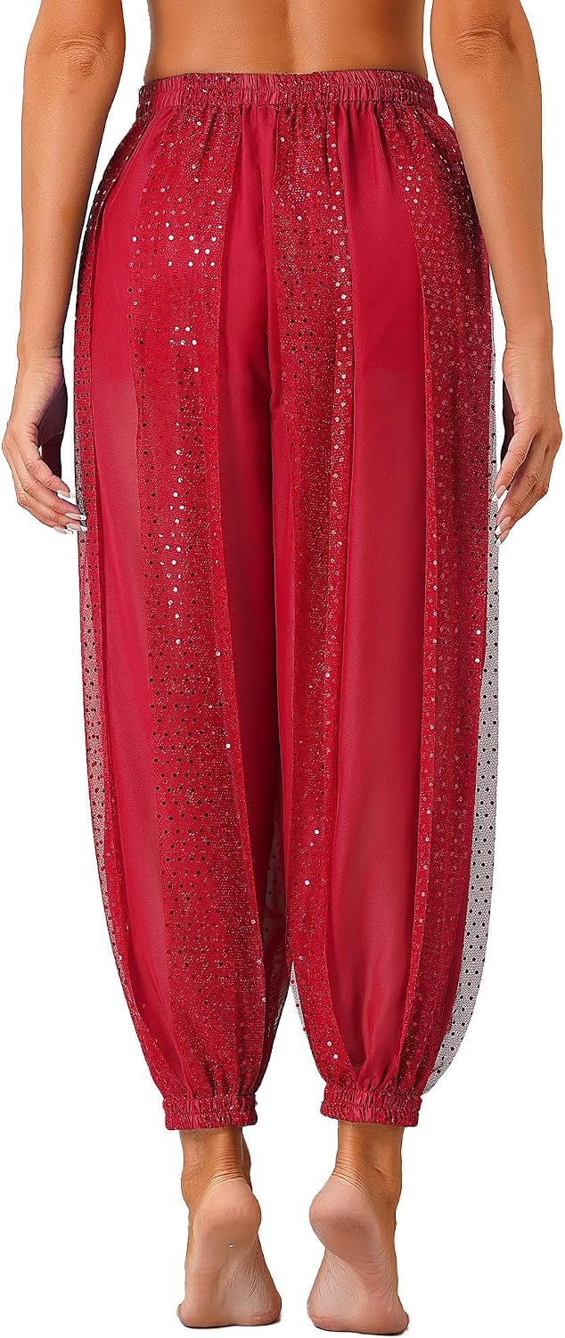 XUNZOO Women's Belly Dance Harem Pants Sequined Dots Chiffon Trousers Arabic Performance Loose Bloomers Pants