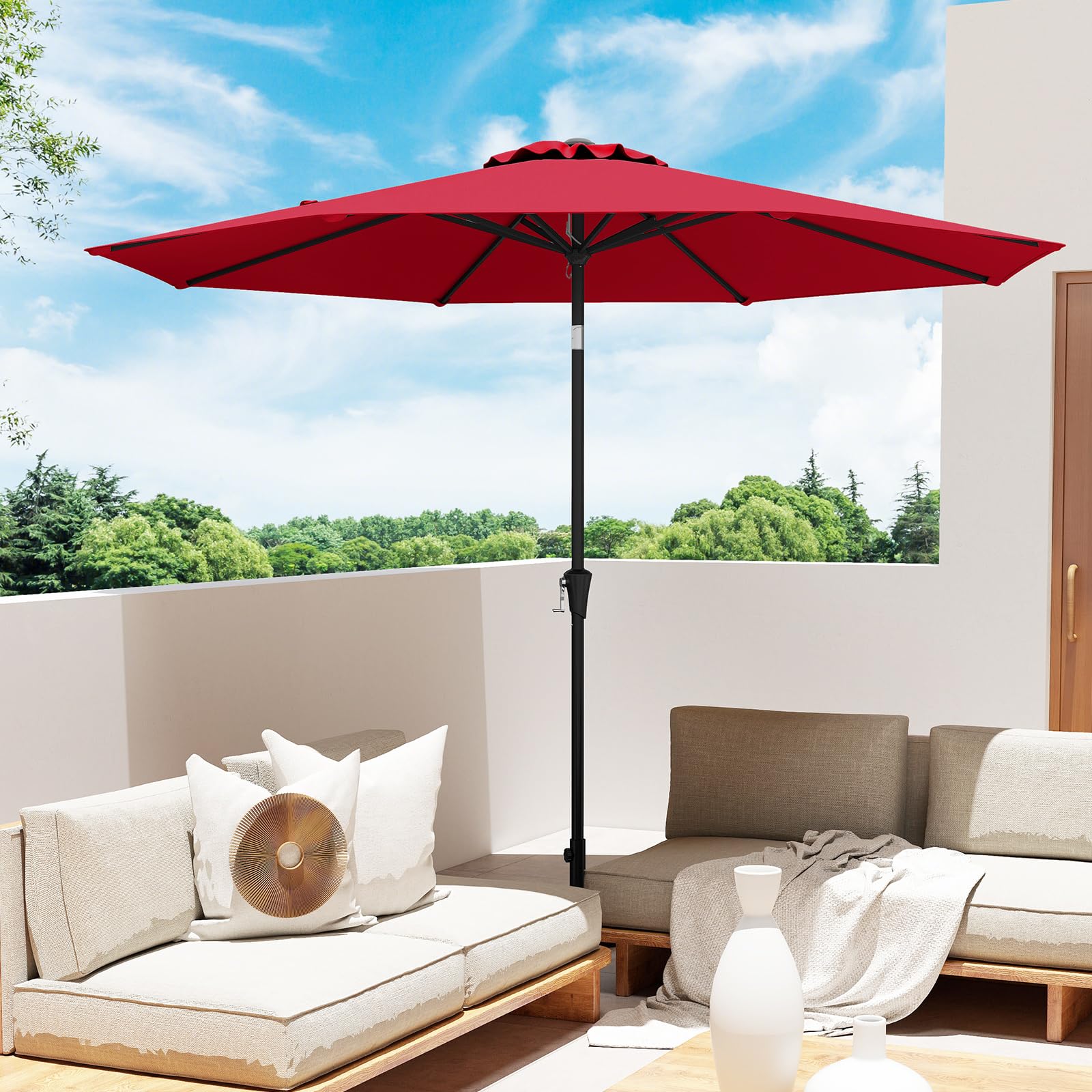 GOPLUS Sonnenschirm 300cm, Gartenschirm beidseitig um 25° knickbar, Terrassenschirm mit Kurbel, Balkonschirm mit 8 Rippen, Marktschirm für Garten, Balkon & Terrasse, Weinrot
