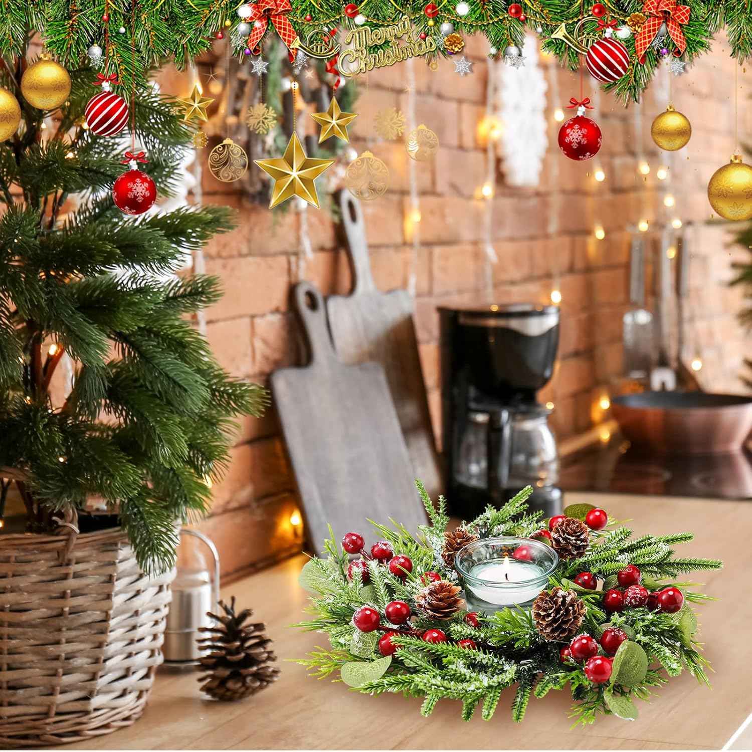 Dingion 8 Pcs Mini Christmas Kitchen Cabinet Wreath Small Christmas Wreath Decorations Norfolk Pine Artificial Berries Snowy Pine Garland with Red Ribbon for Xmas Table Centerpiece Front Door Decor