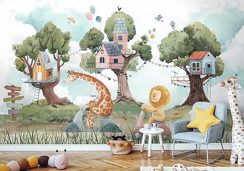 Kids Wallpaper Cute Forest Animals with Treehouse Wall Mural
