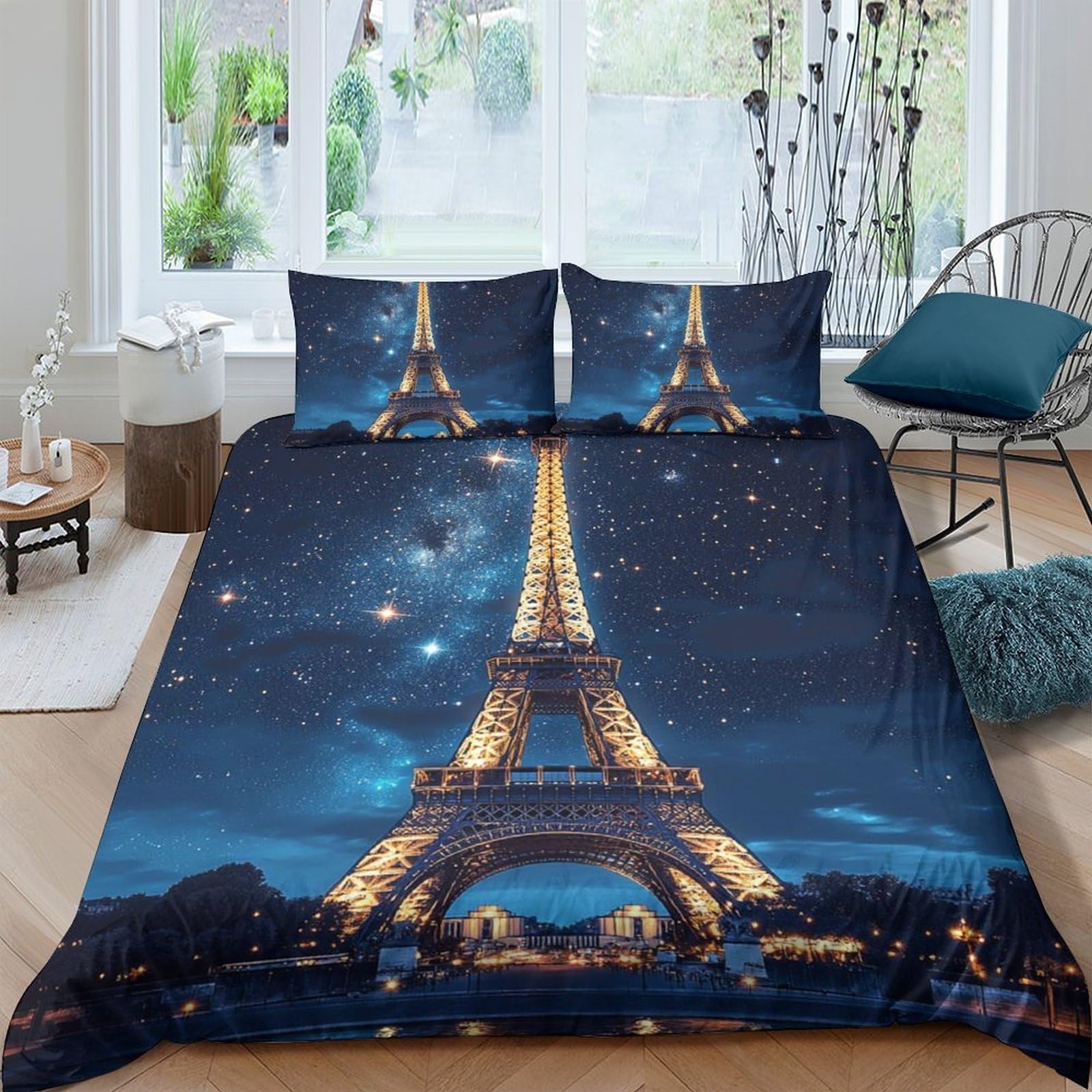Ctjqhvkz Style-4 3D Printed Eiffel Tower Night Fitted Sheet Microfiber Soft Breathable Paris Skyline Mattress Cover For Bedroom Guest Room Decor Single（135X200cm）