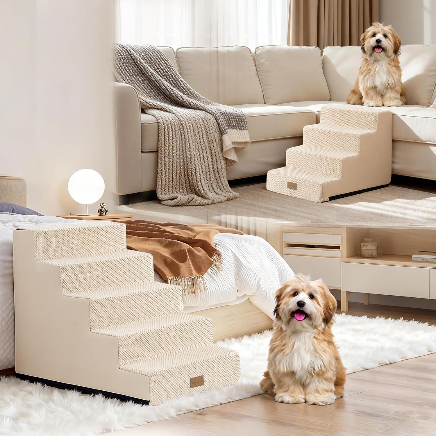 Dog Stairs for Small Dogs, 5 Tier Widened Pet Stairs for High Beds, 23.6" H Non-Slip Dog Steps for Puppy, Elderly, or Disabled Dogs, 17.7x30x23.6 inch, Beige
