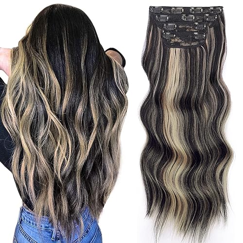 Vigorous extensiones de cabello ondulado con clip, de mezcla de color negro y rubio, extensiones suaves y largas de cabello sintético para mujer