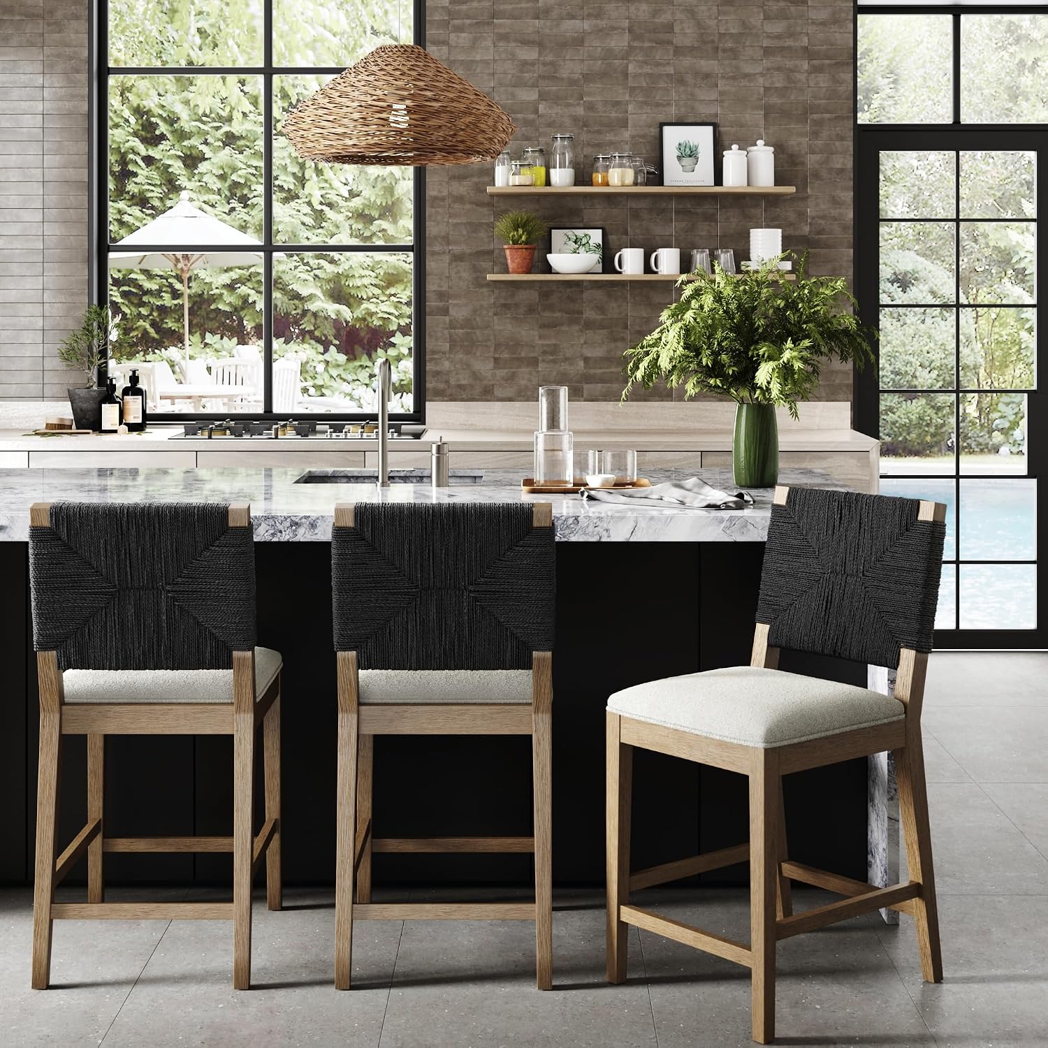 Front view of the assembled Nathan James Beacon Bar Stool with dimensions.