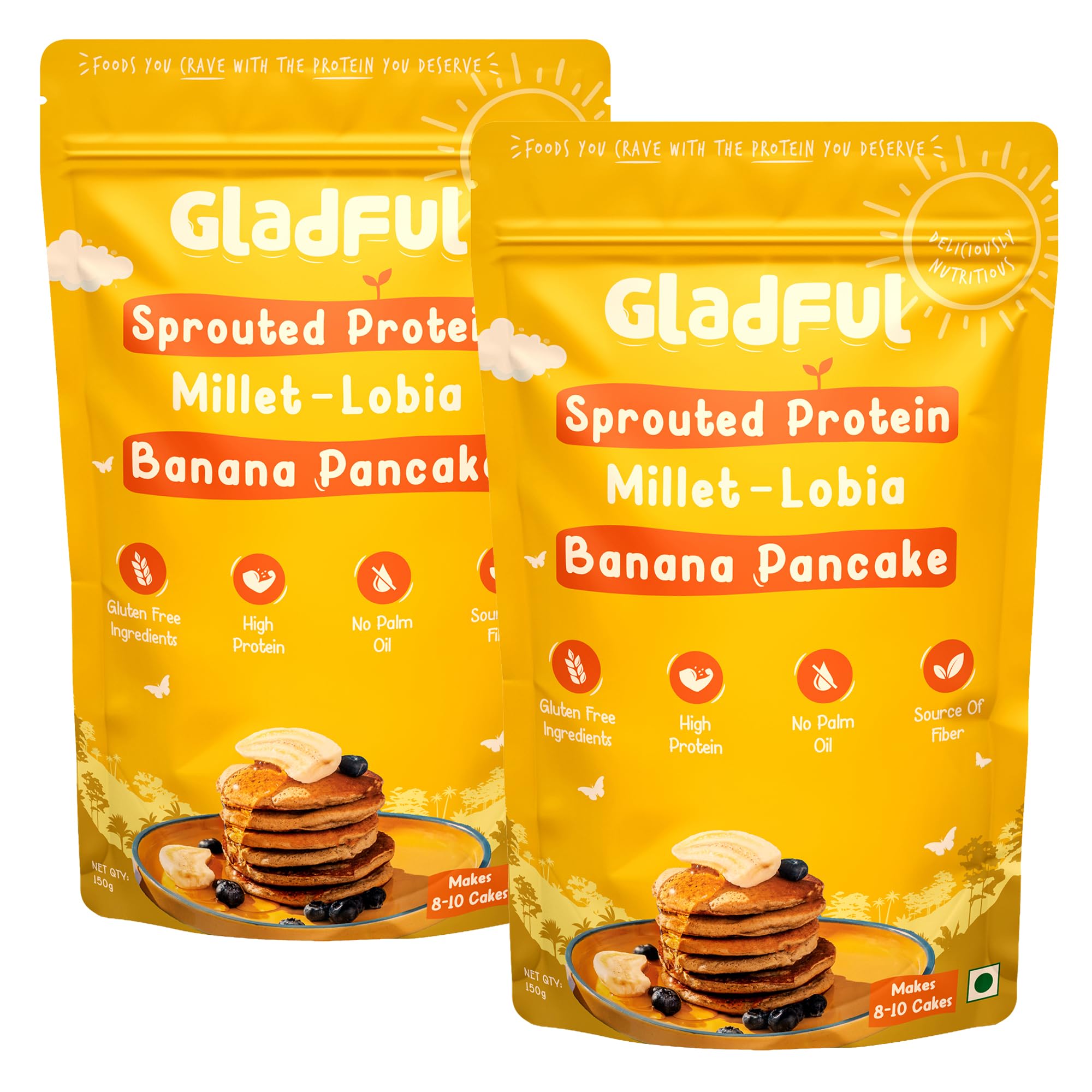 Gladful Banana Millet Pancake, No Maida, No Palm Oil, No Refined Sugar, Gluten Free, High Protein, Low Carbs, Low Gi Millet Grain, Eggless 300 Grams (Pack Of 2) - Banana