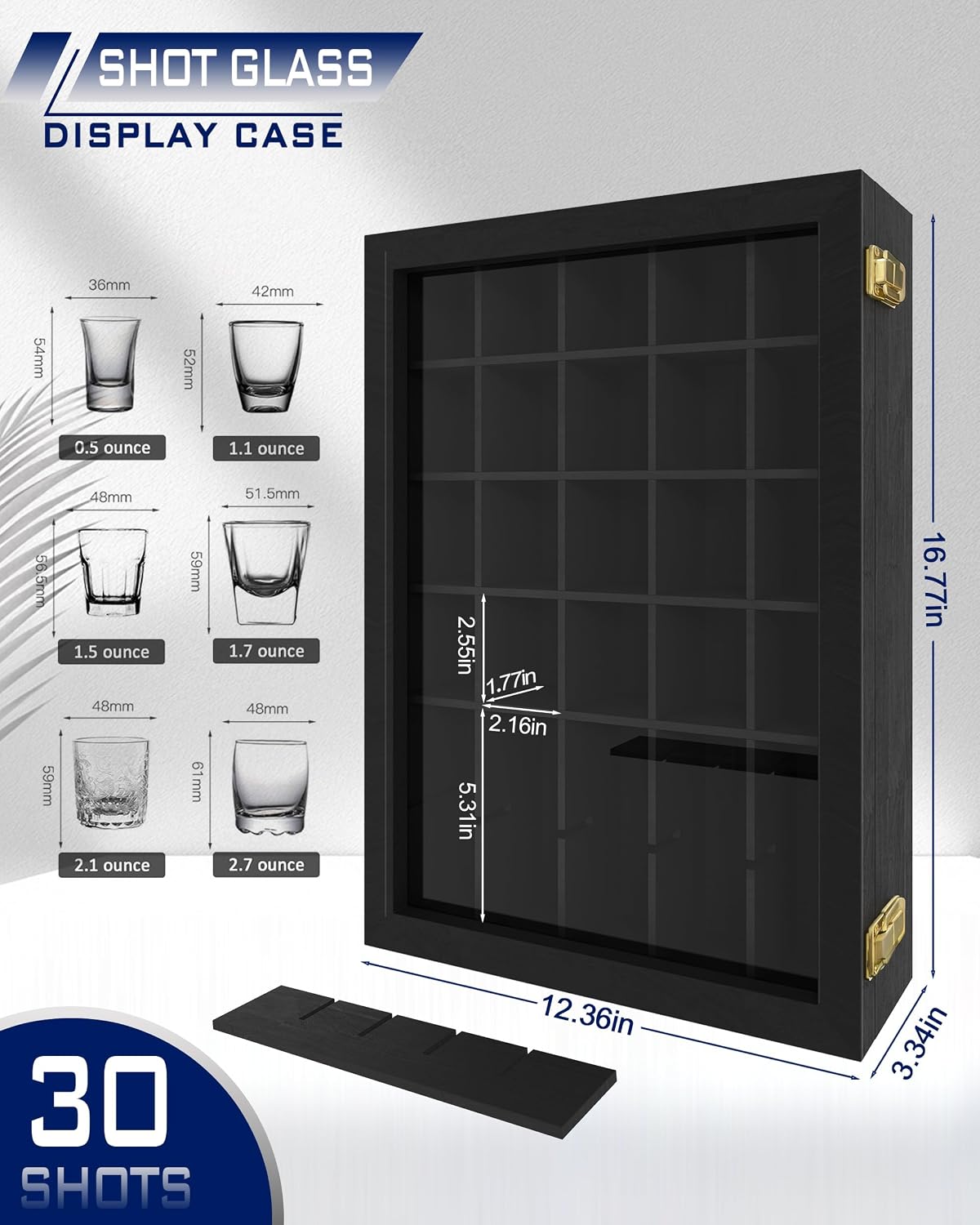 Shot Glass Display Case 17 x 13 in, Wood 30 Slots Shadow Box with Anti-Dust UHD Acrylic Door, 2 Buckles Lock, Removable Shelve & Shelf for Wall Mounted, Home and Bar Decor (Black Large)