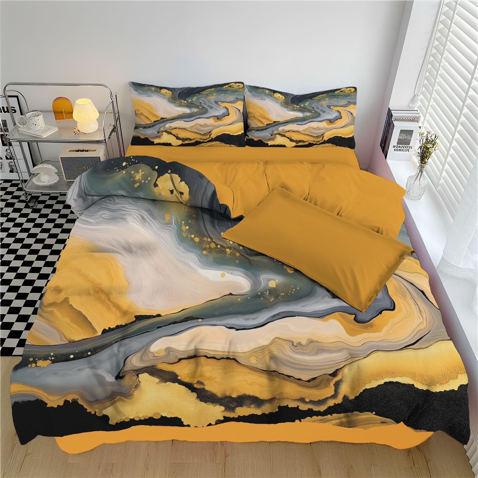 Housse de couette 200x200cm marbre curcuma avec 2 taies d'oreiller en microfibre pour enfant