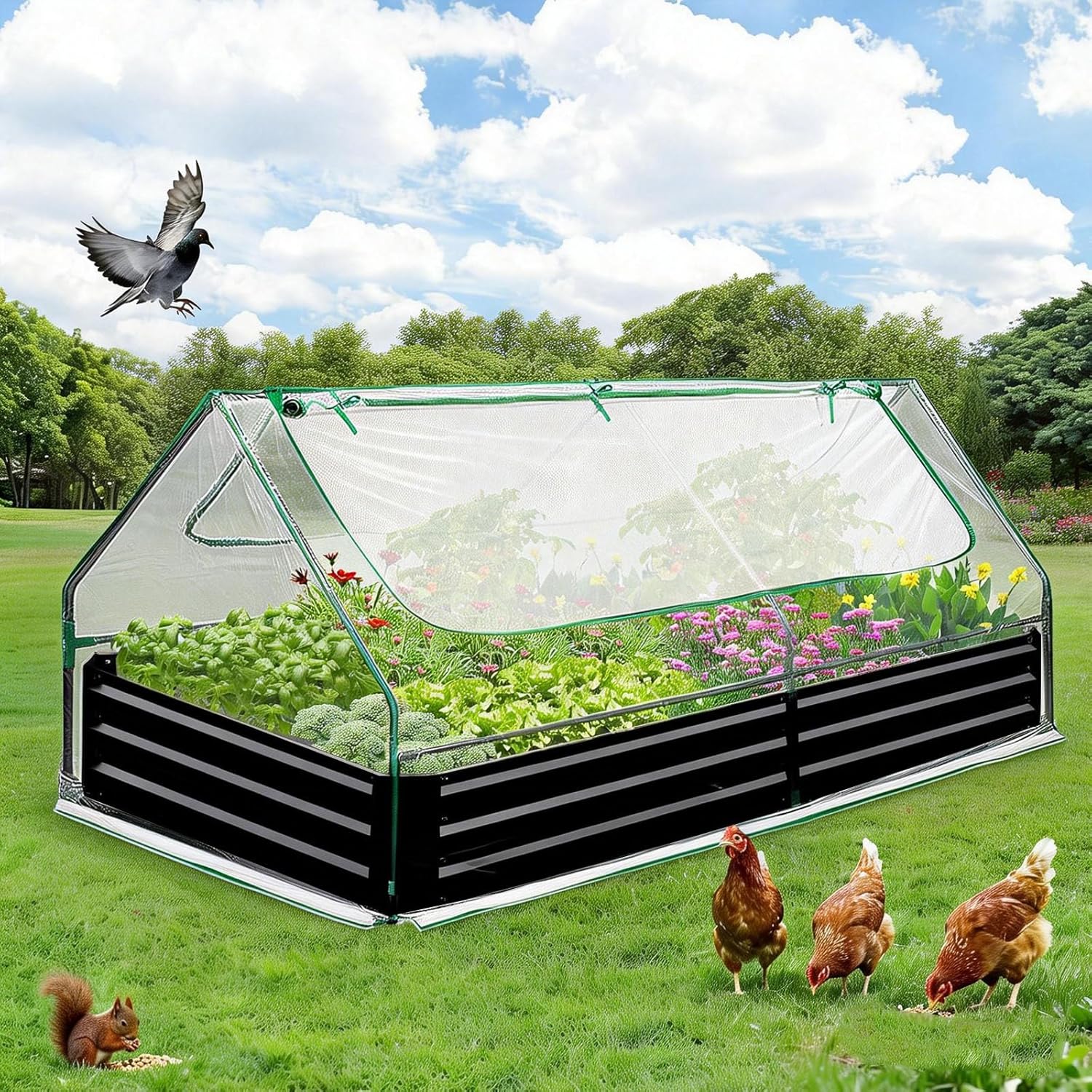 PeakPursuit Raised Garden Bed with Cover, 8x4x1 Ft Outdoor Galvanized Metal Planter Box Kit with 2 Screen Windows, Mini Greenhouse for Vegetables and Flowers, Clear Top Cover