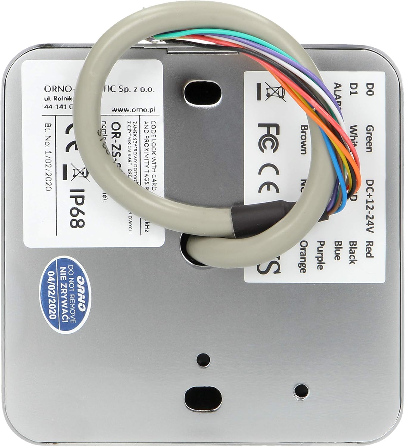 Back of the ORNO ZS-816 Code Lock showing wiring connections and IP68 rating
