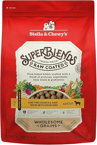 Stella & Chewy's SuperBlends Receta de pollo y pato sin jaula con granos saludables recubiertos crudos con superalimentos, bolsa de 21 libras