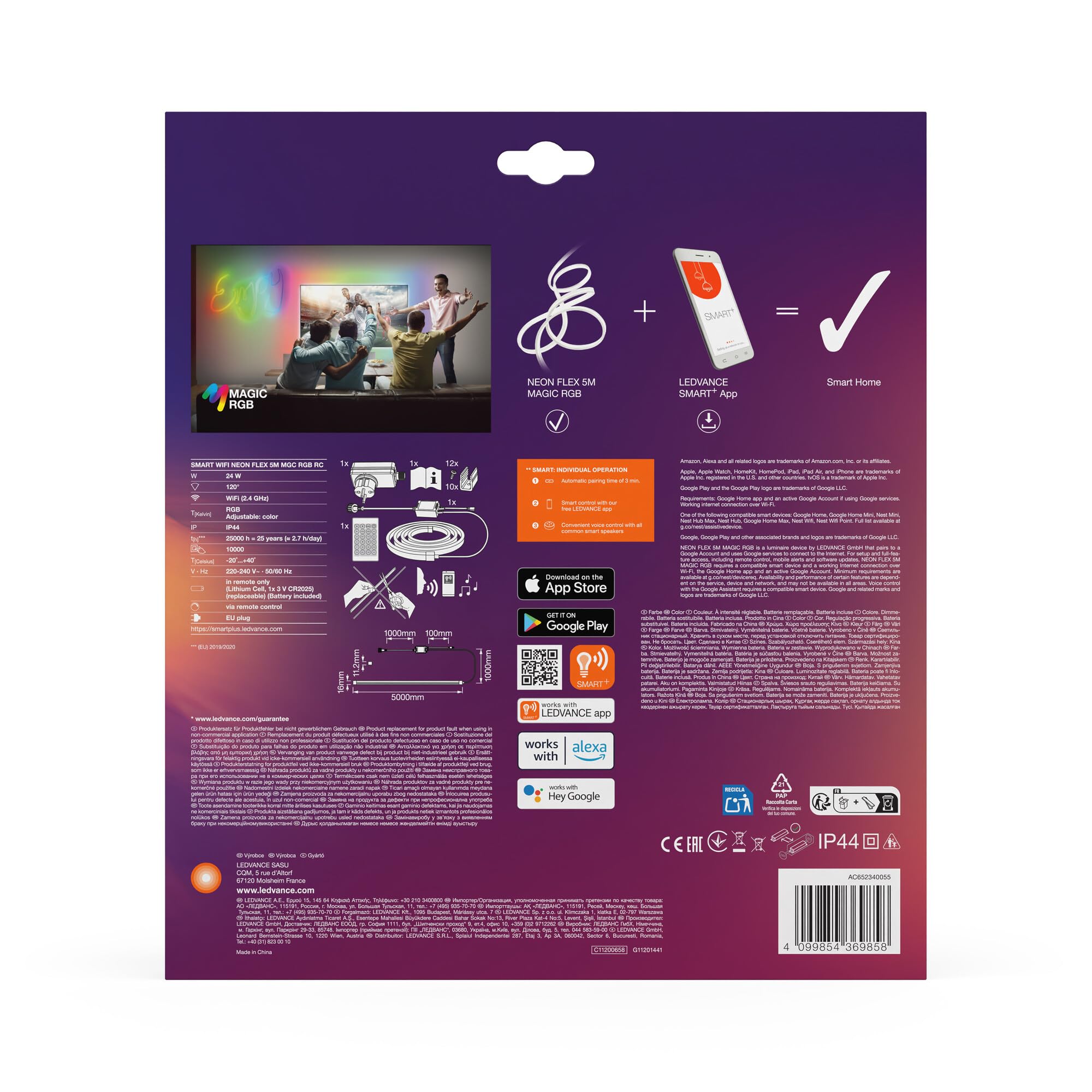 LEDVANCE SMART WIFI NEON FLEX MGC RGB RC striscia LED colorata per esterni con tecnologia WiFi e distribuzione omogenea della luce; dimmerabile; bianco; silicone; 5 m; lampadina non sostituibile