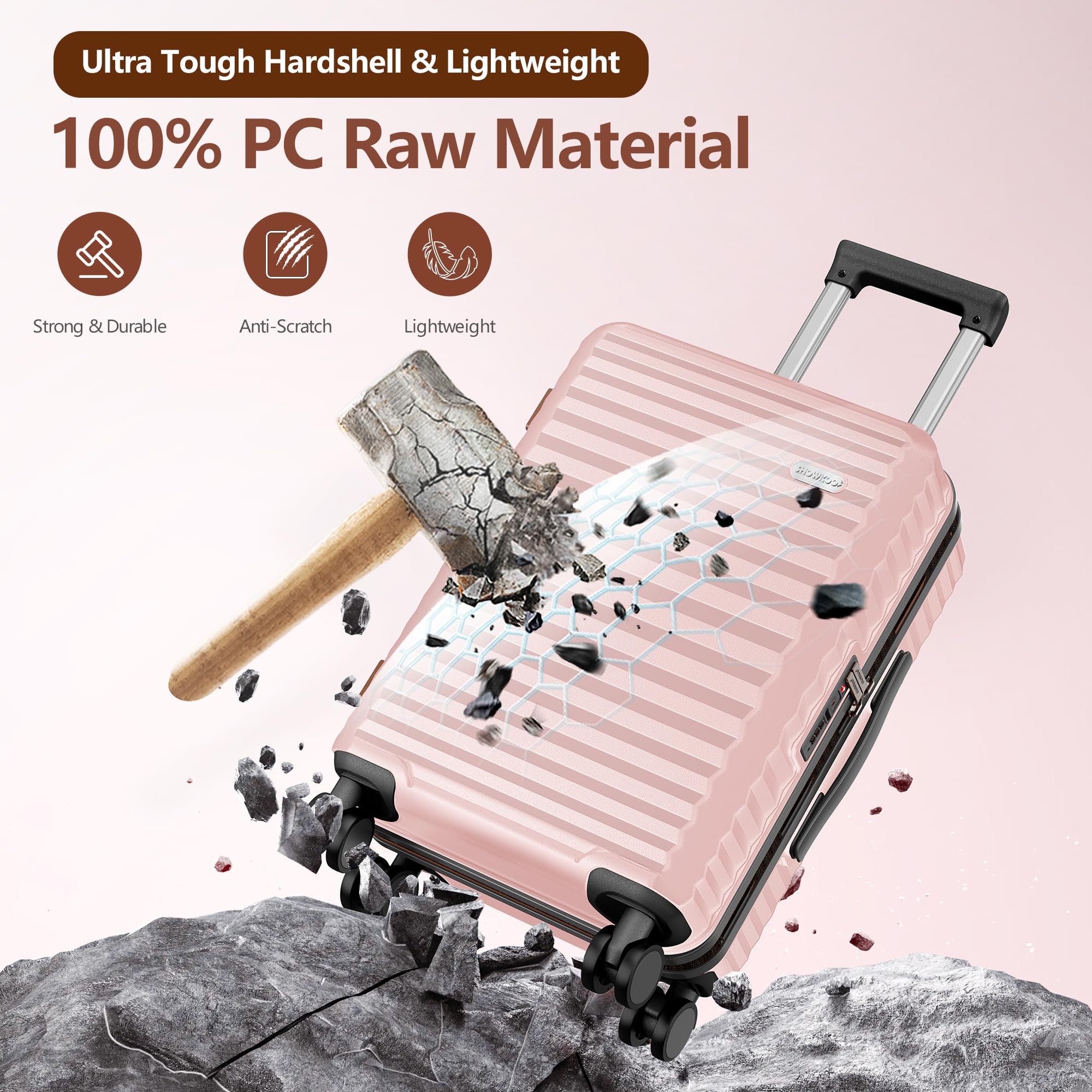 SHOWKOO Zestawy bagażowe 3 sztuki Hardside rozszerzalna walizka z podwójnymi kołami obrotowymi Tsa (50.8 cm/61.0 cm/28), różowy, 5PCS