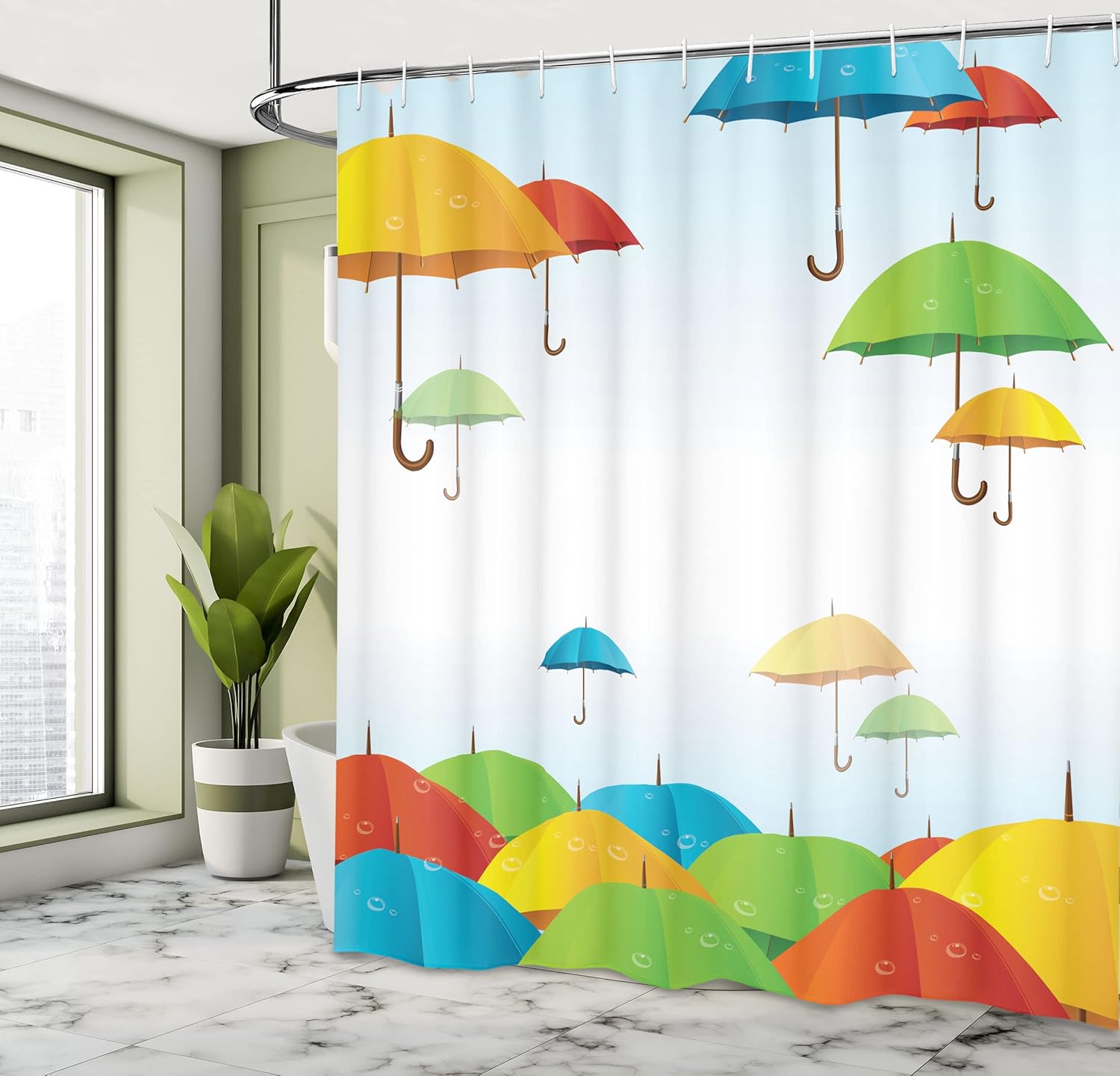 Ambesonne Colorful Shower Curtain, Umbrellas in Sky Climate Meteorology Storm Pouring Fall Rain Freedom Weather Theme, Cloth Fabric Bathroom Decor Set with Hooks, 69" W x 70" L, Green Yellow