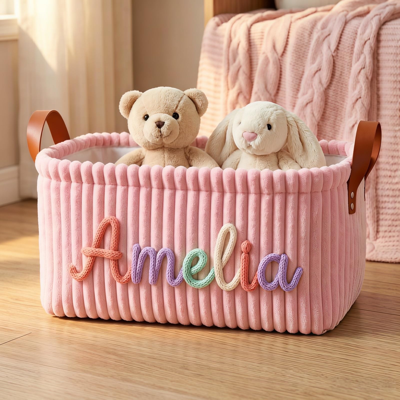 Personalized Baby Gift Basket With Custom Name, Corduroy Diaper Storage Bin, Nursery Organizer Box, Keepsake Gift For Newborn Boy & Girl, New Mom(Pink)