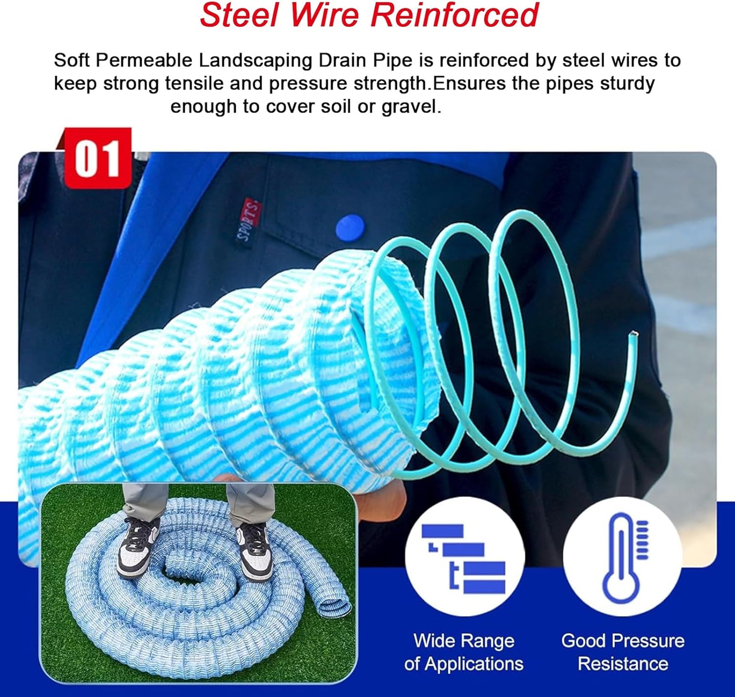 2 Inch Wide French Drain Pipe Perforated, Outdoor Soft Infiltration Drainage Pipes for Yard/Houseside/Garden/Lawn/Patio/Landscape, Underground Drain Tube, Easy Connect(Long 19m/62.3ft)