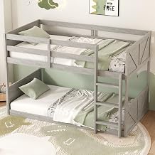 Twin Over Twin Floor Bunk Bed with Panelled Headboard and Footboard, Space-Saving Low Profile Wood Bed Frame with Solid Rubber Wood Foundation and Safety Guardrails Grey