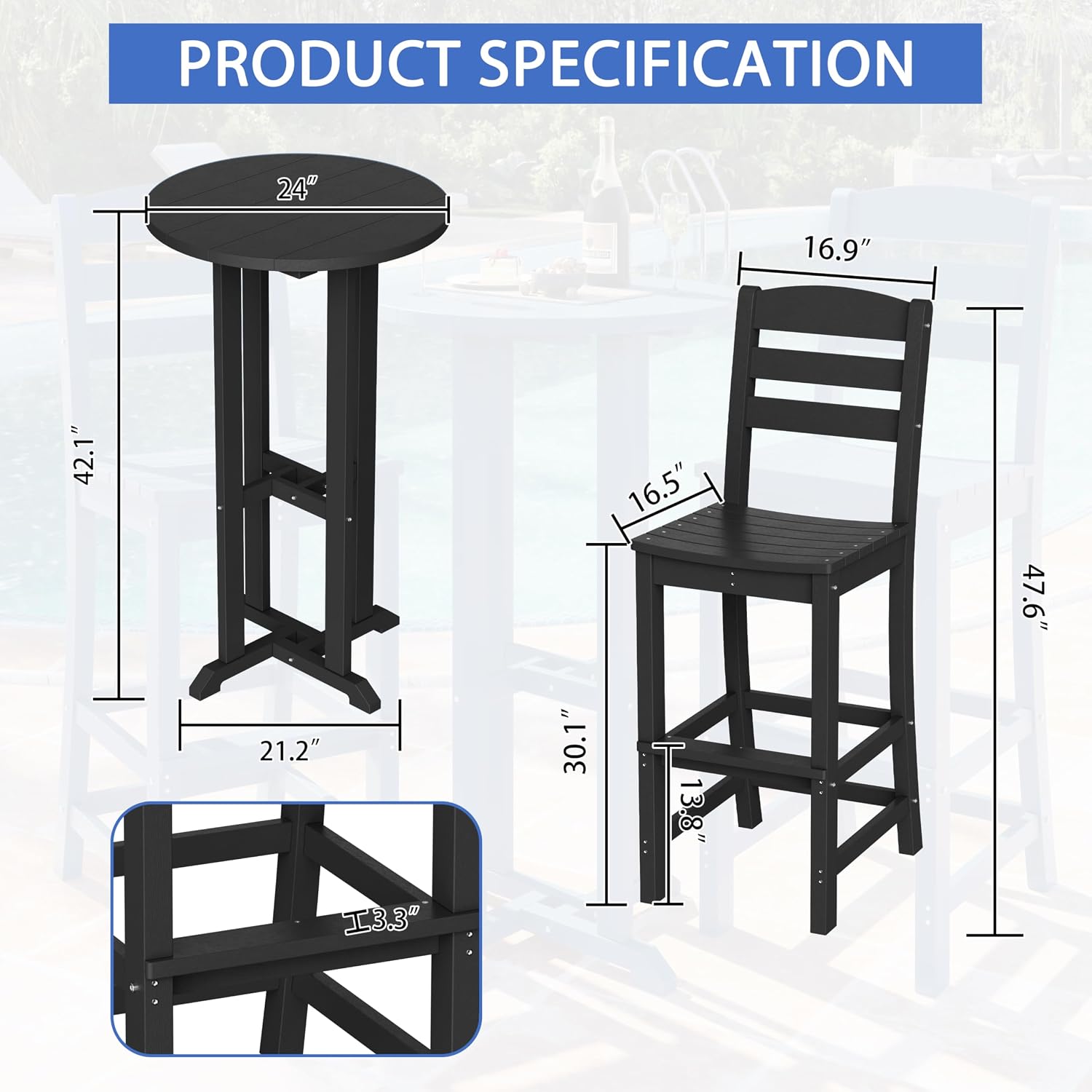 Shintenchi 3 Pieces Outdoor High Top Bar Set, 1 Patio High Top Round Table and 2 Bar Height Tall Adirondack Chair, All-Weather Outdoor Bistro Bar Set for Balcony Pool Deck, Black