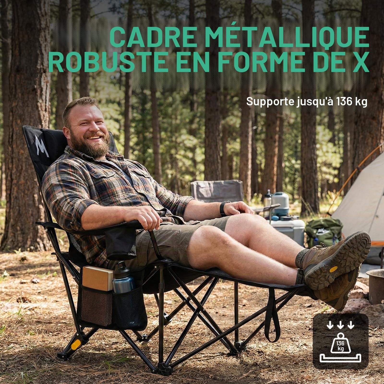 OVERMONT Chaise Longue de Camping Pliante 2 en 1, Inclinable 4 Positions | Repose-pieds et appui-tête pour plus de confort; supporte 136 kg; sac de transport inclus; pour plage, jardin et terrasse