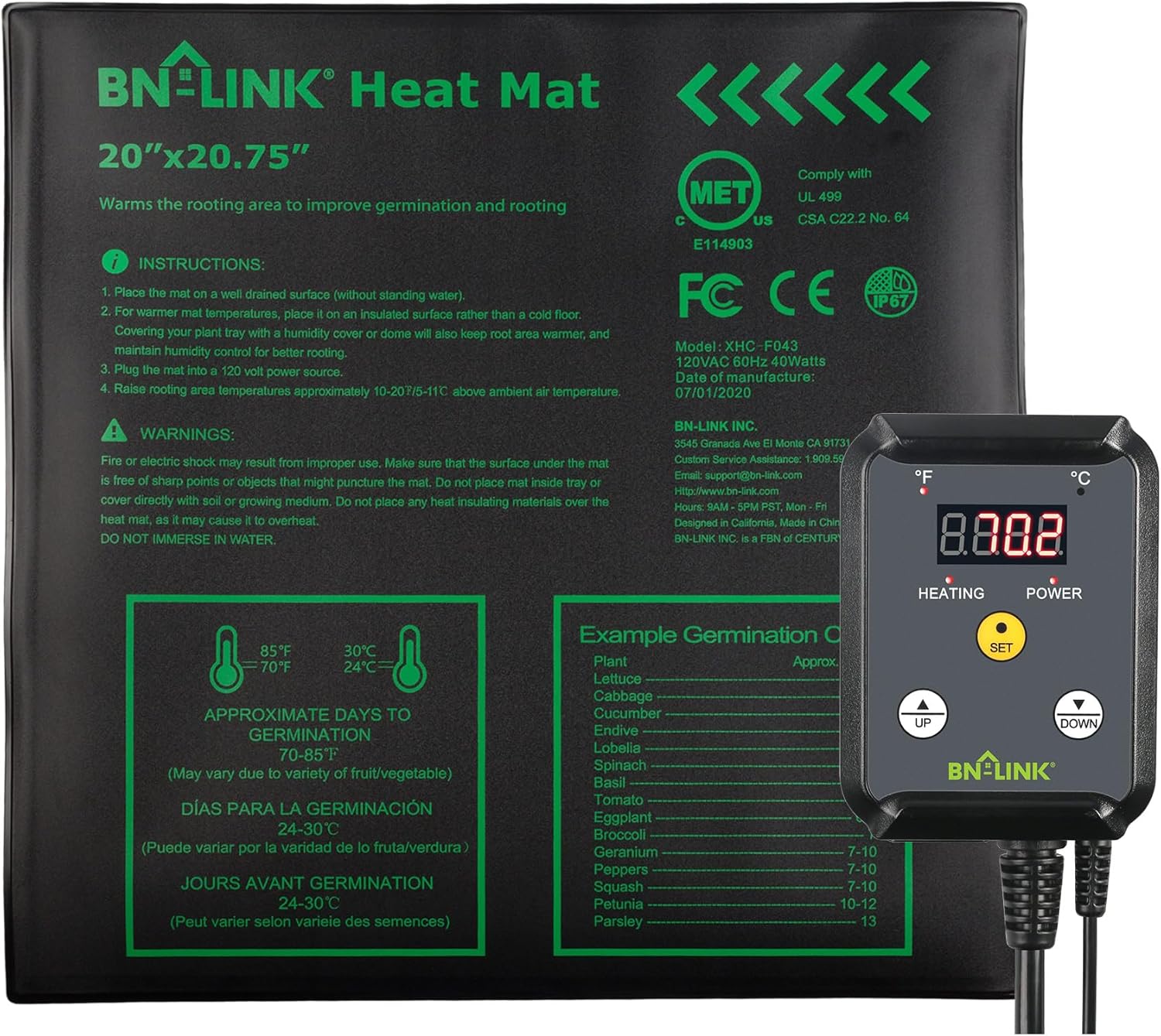 BN-LINK Durable Seedling Heat Mat 20" x 20.75" and Thermostat Controller