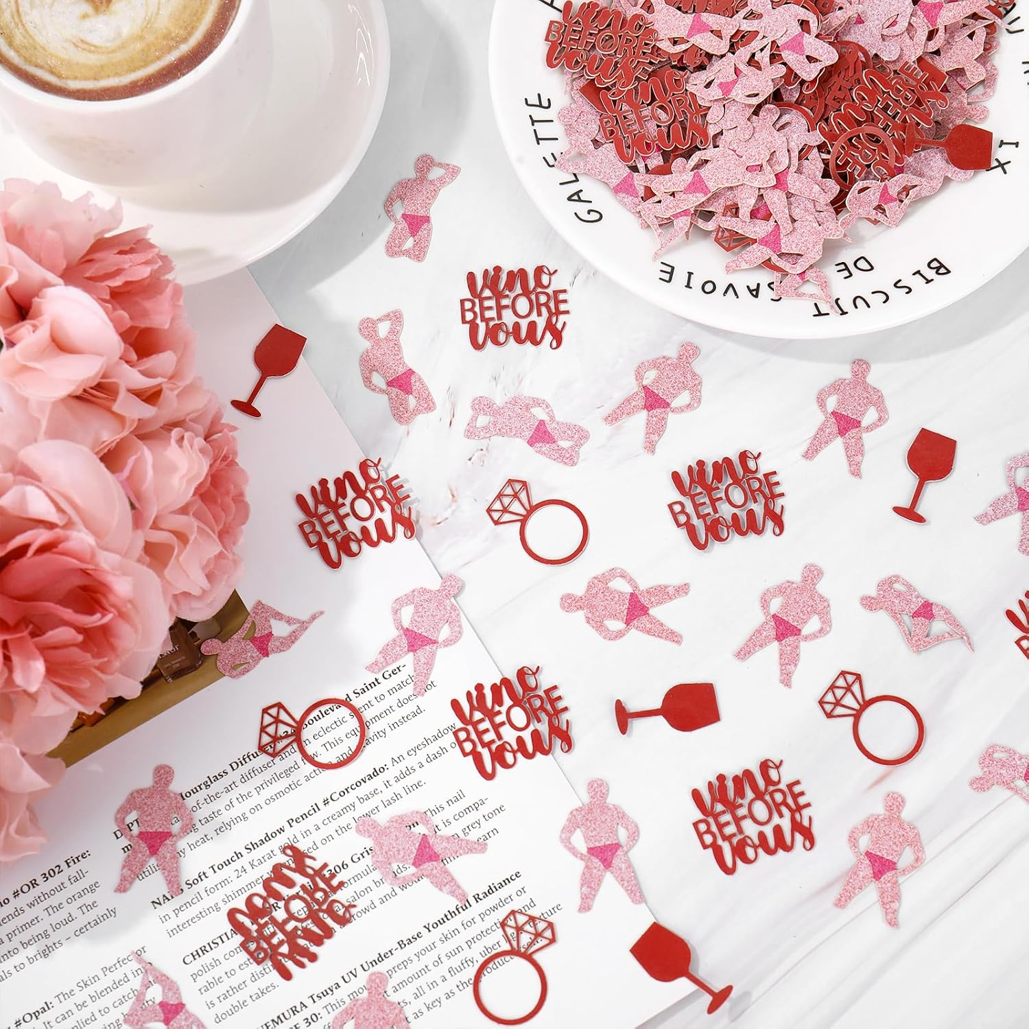 Whaline 300Pcs Wine Bachelorette Table Confetti Vino Before Vows Wine Glass Diamond Ring Funny Male Table Centerpieces for Bridal Shower Wedding Party Decoration