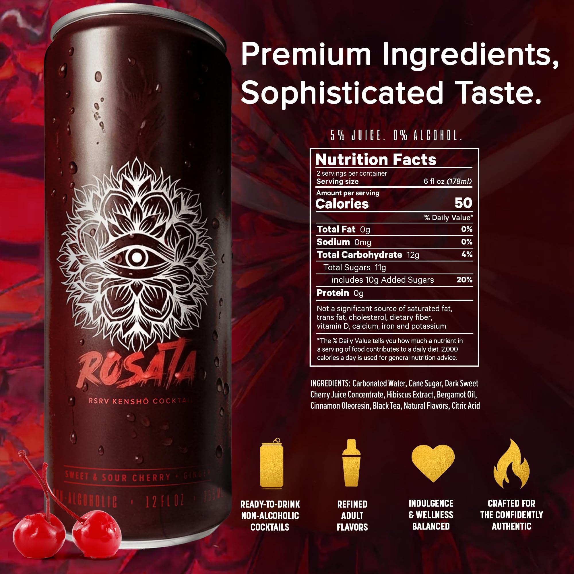 RSRV Kenshō Cocktails – Premium Non Alcoholic Drinks for Adults – Ready-to-Drink Craft Mocktails with Natural Ingredients – 60 Calories, Vegan – Rosata (Sweet & Sour Cherry & Ginger, 12oz, Pack of 12)