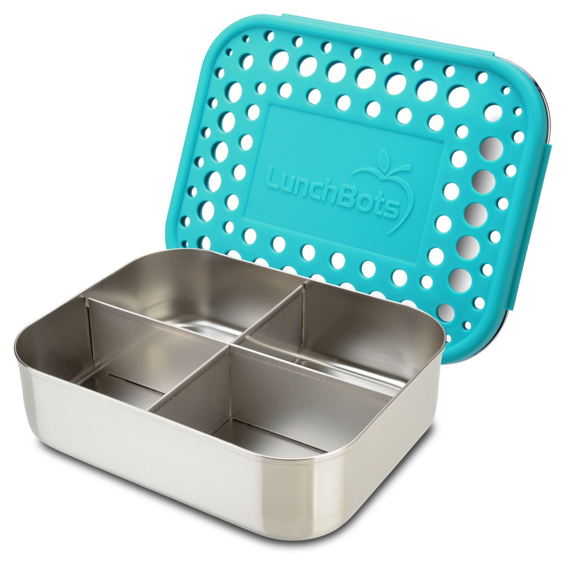 LunchBots Medium Quad Snack Container - Divided Stainless Steel Food Container - Four Sections for Finger Foods On the Go - Eco-Friendly, Dishwasher Safe - Stainless Lid - Aqua Dots