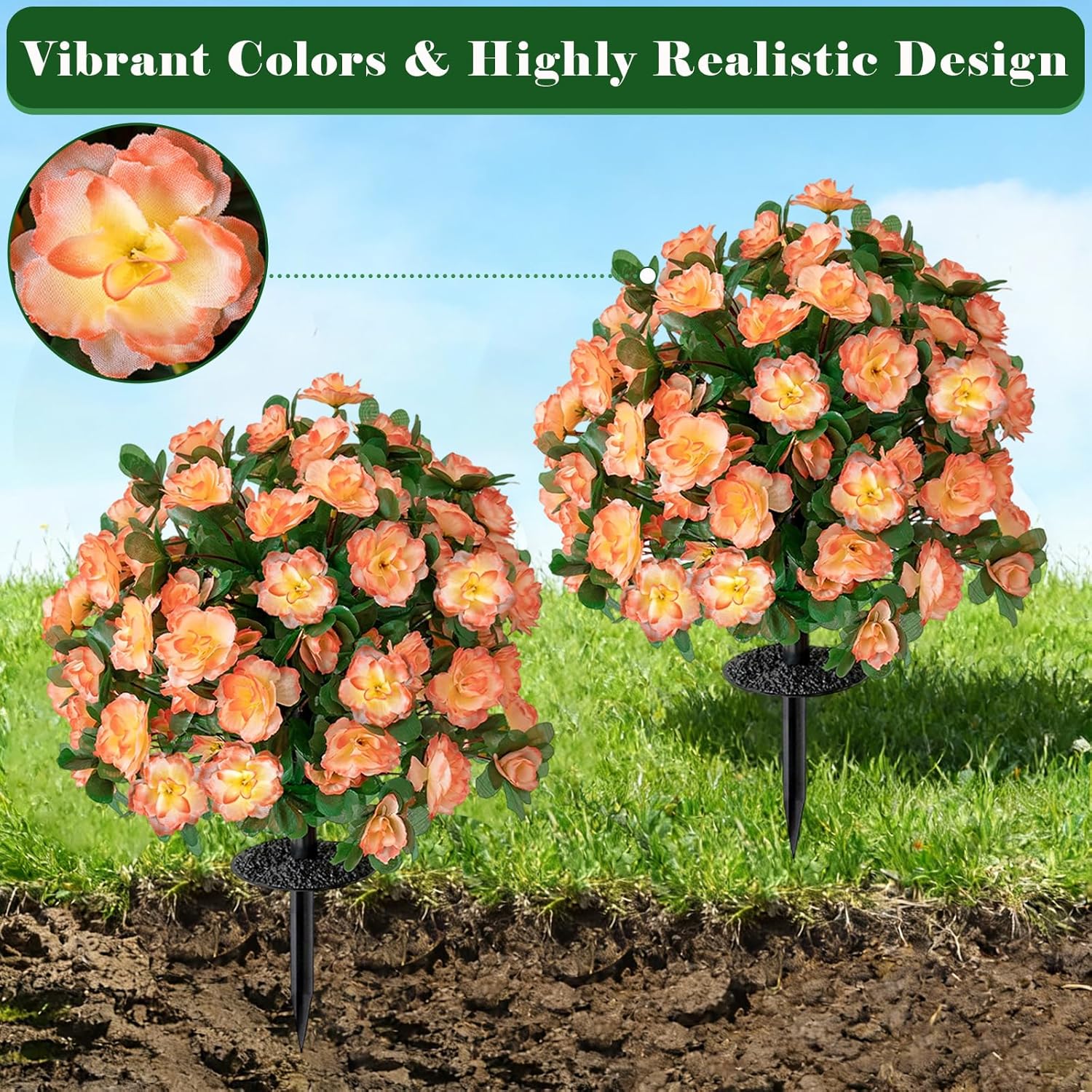 2 Pack Artificial Boxwood Topiary Ball Trees with Ground Spike for Outdoor, 19" Realistic Faux Shrubs with Flowers, UV Resistant Artificial Fake Bushes Plant for Garden Yard Porch Patio Decor (Orange)