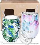 THILY Stainless Steel Insulated Wine Tumbler - Stemless Wine Glass with Sliding Lid and Straw, Cute Travel Cup Keep Coffee and Cocktails Cold, 2 Pack(Iridaceae+Orchid)