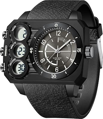 findtime Mens Big Face Watch Unique Digital Analog Watches Dual Time Zone Sport Outdoor Cool Square Large Wristwatch Alarm Stopwatch Countdown Led Luminous Relojes para Hombres