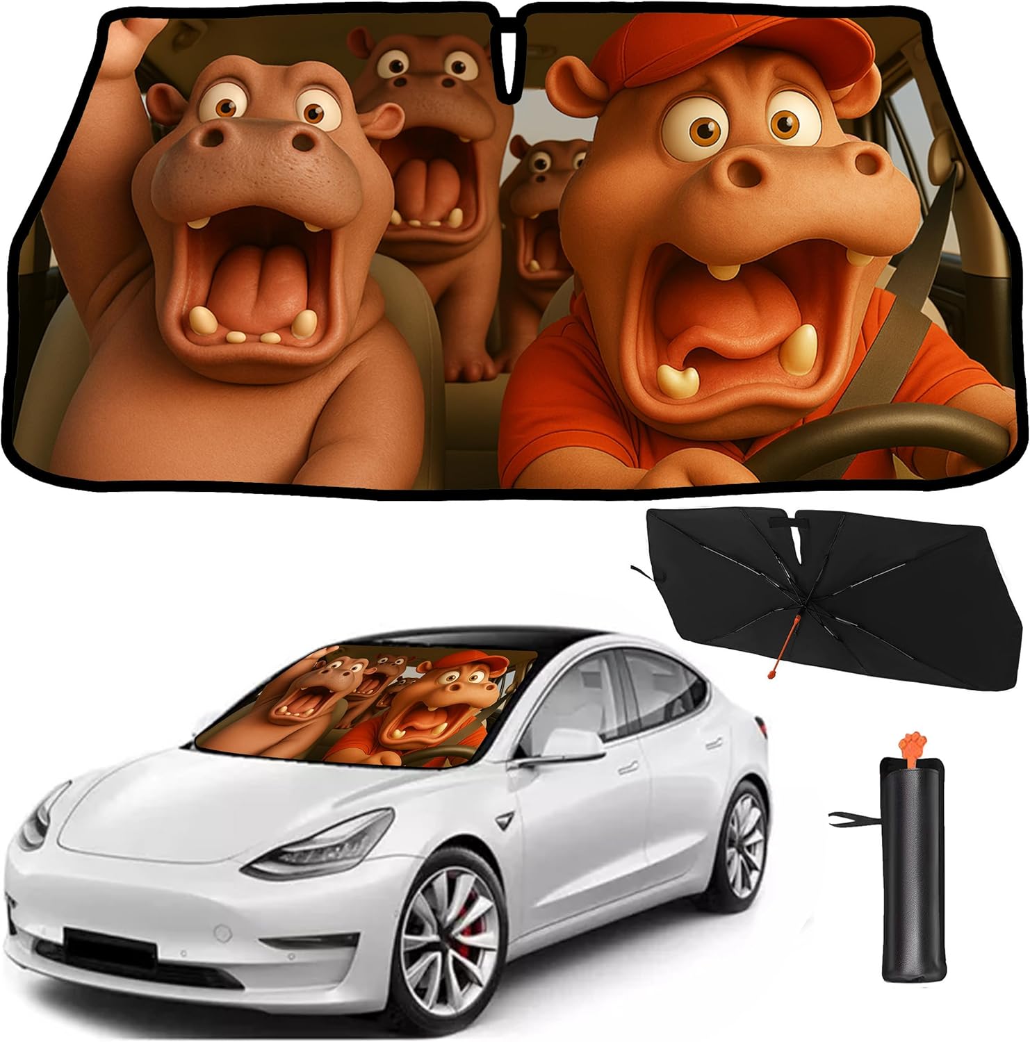 2025 Upgrade Funny Cute Animals Car Windshield Sun Shade Umbrella 5 Layers Nano Coatings Hippo Driving Car Front Window UV Block Sunshade Cover for Most Cars SUV, Universal Size 57"x30"