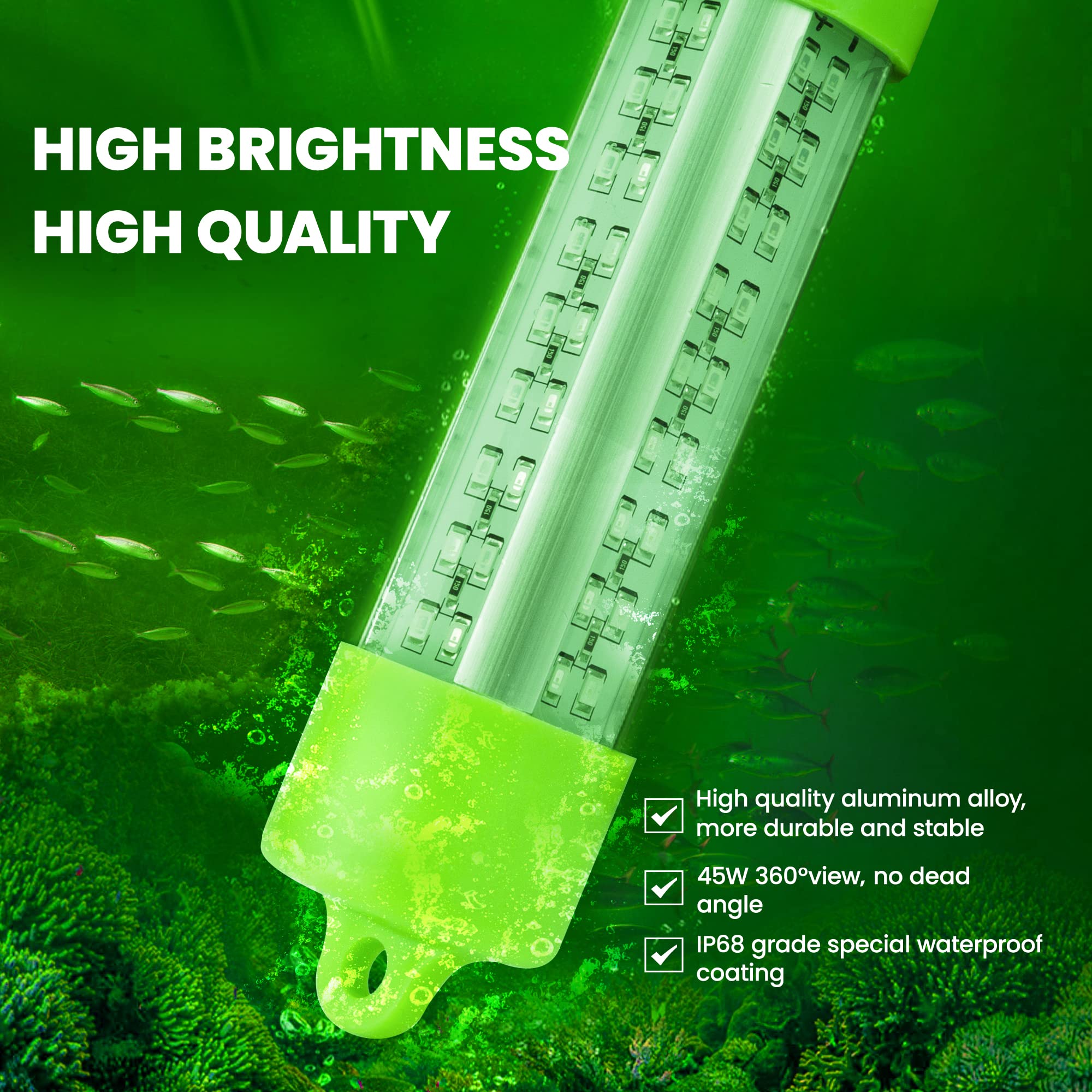 Broadroad LED Night Fishing Light 12V 45W Underwater Night Fishing Finder Light, 4500LM Green Submersible Fishing Attracting with 5M Power Cord (12V 45W)