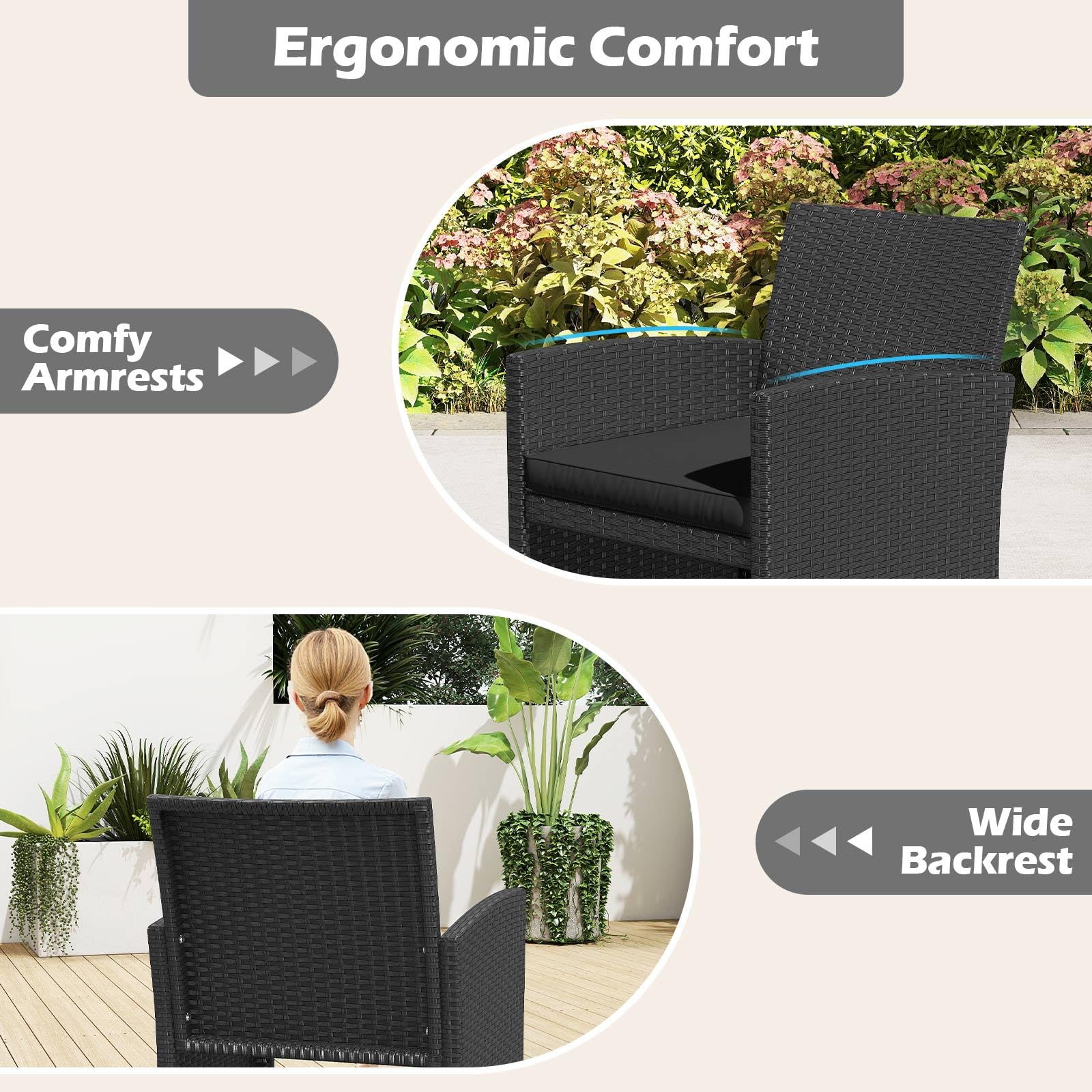 GIANTEX Set Salotto Esterno 4 Pezzi in Rattan PE, Divano 2 Posti + 2 Poltrone + Tavolo Basso con Piano in Vetro, Arredamento da Giardino per Terrazza e Patio, Nero