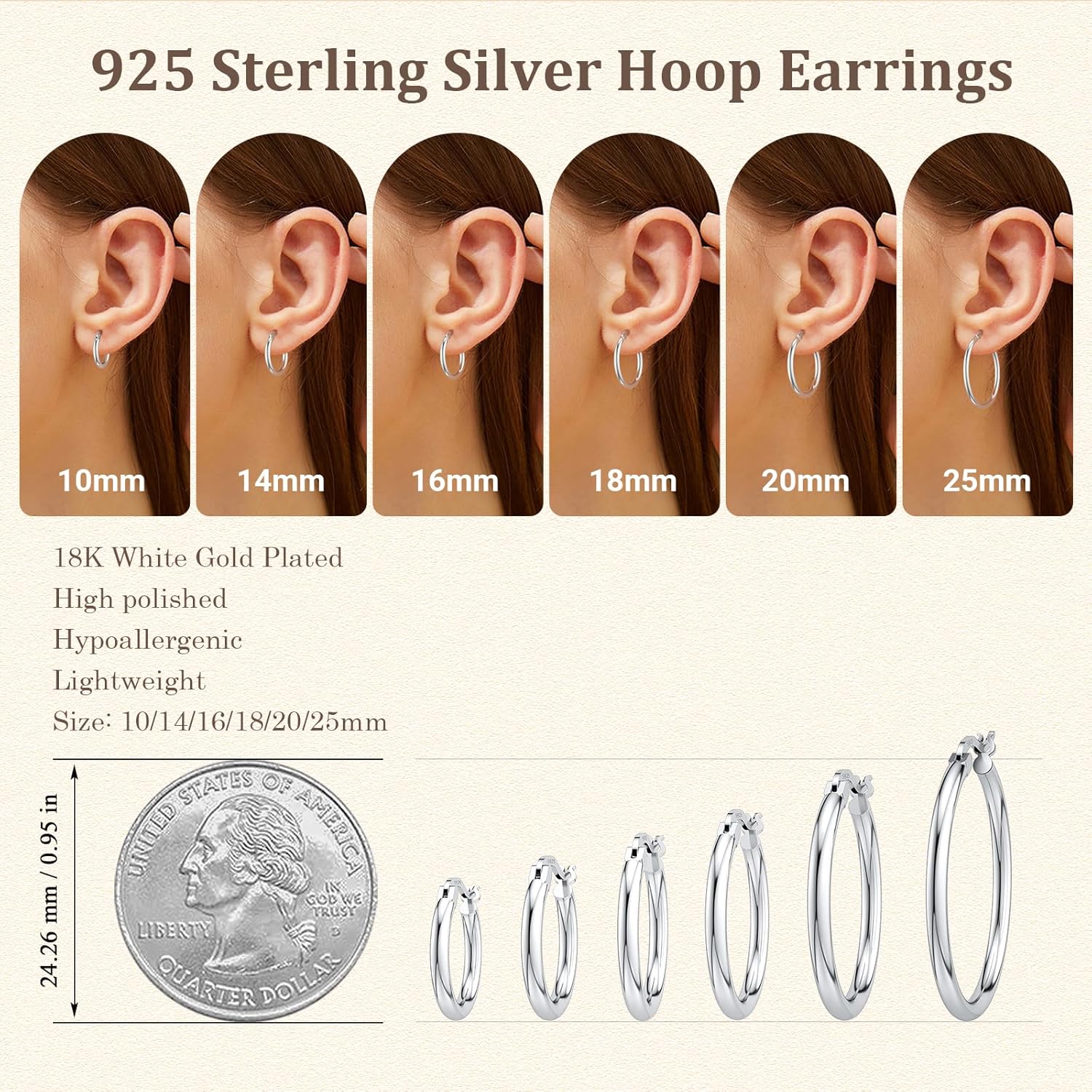 JIAYIQI Sterling Silver Hoop Earrings 18K White Gold Plated Silver Circle Endless Earrings Hoops Jewelry Lightweight Hoop Earring for Women Diameter 10,14,16,18,20,25,30,35,40,50,60mm - Image 5