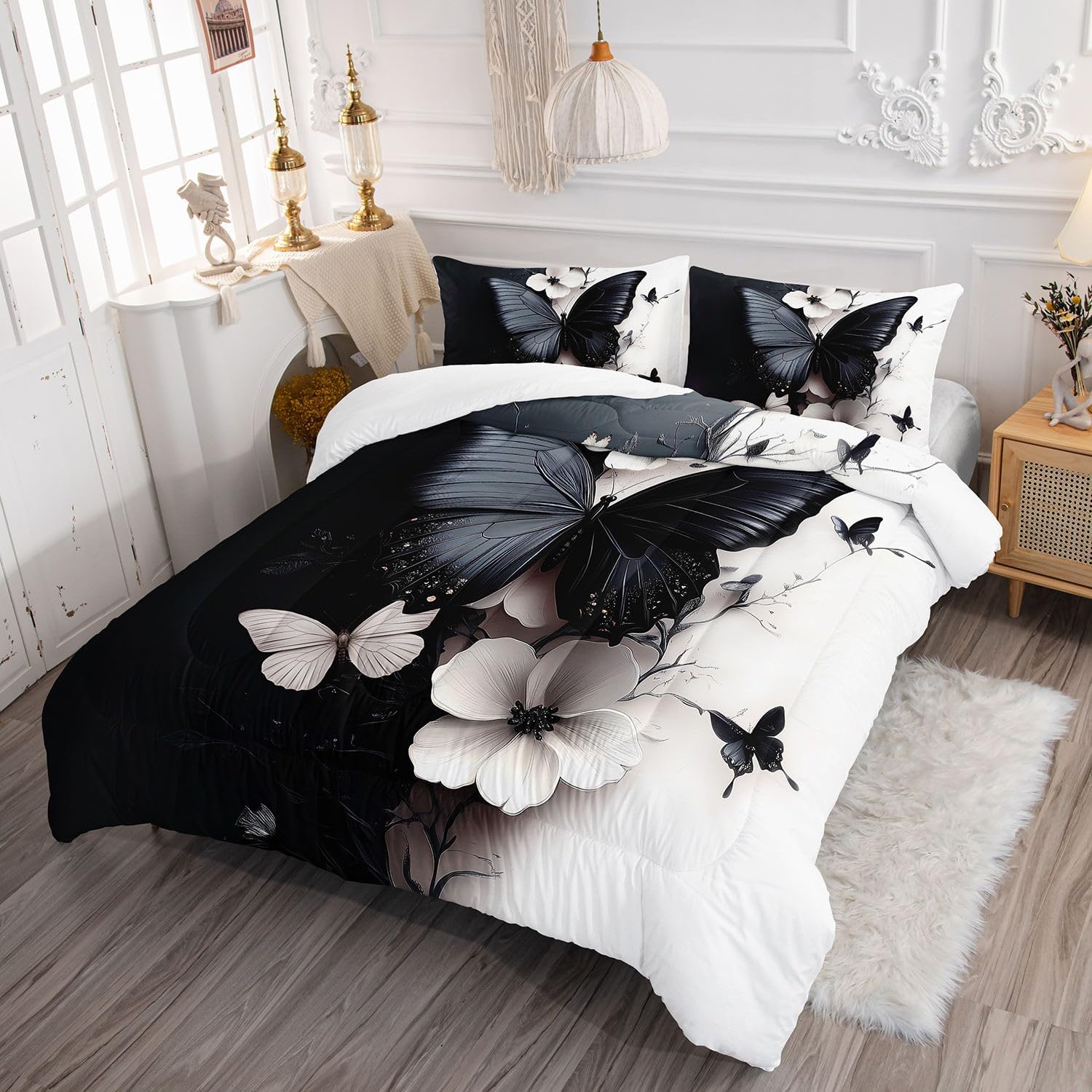 Black White Butterfly Comforter Set 3D Flowers Printed Bedding Set with 1 Comforter and 2 Pillowcases for Boys and Girls Bedroom All Season(Butterfly Queen)