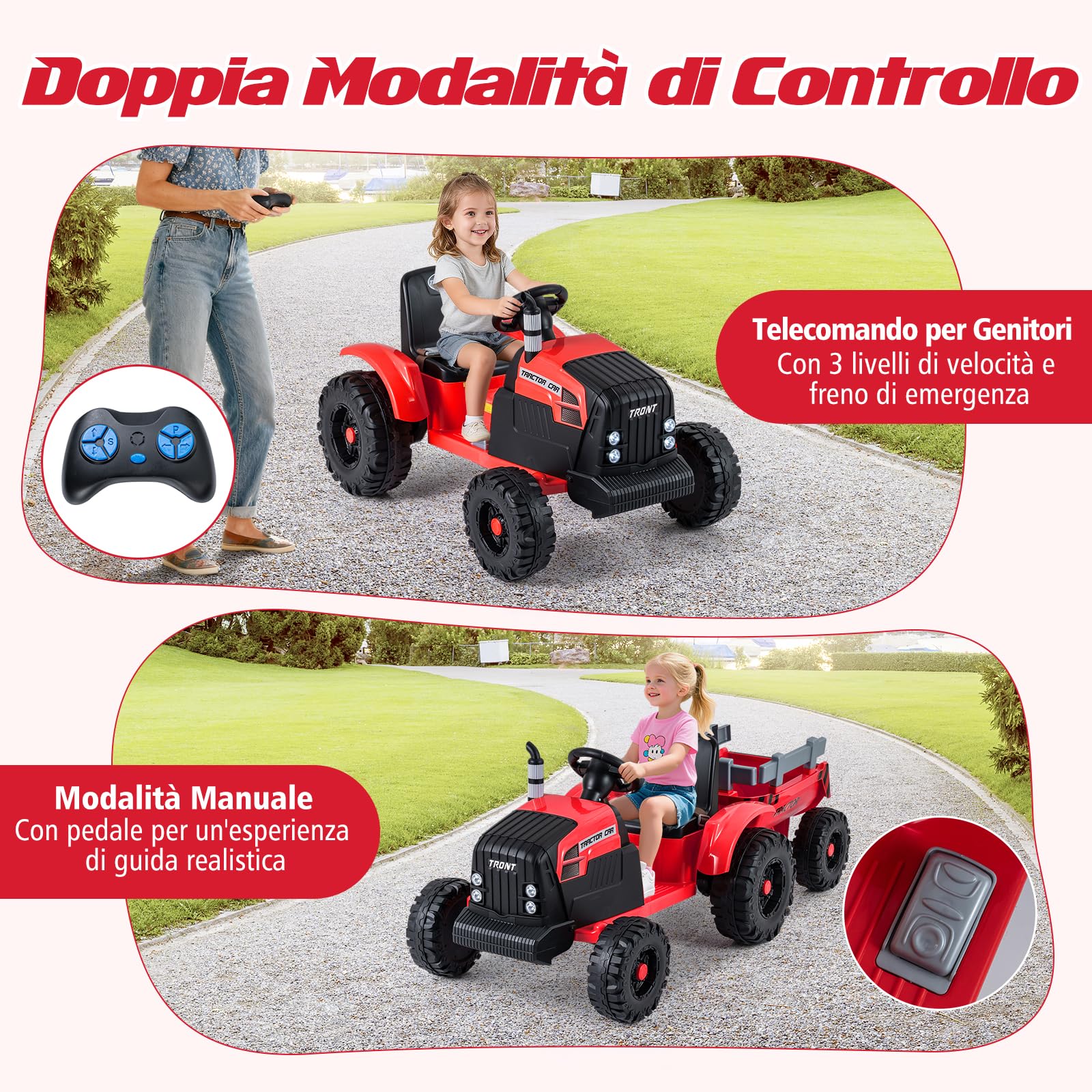 RELAX4LIFE Trattore Elettrico a Batteria 24V con Rimorchio Staccabile, Controllo Remoto, Porta USB, Connessione Wireless e Luci LED, Veicolo a 3 Velocità per Bambini dai 3 agli 8 Anni (ROSSO)