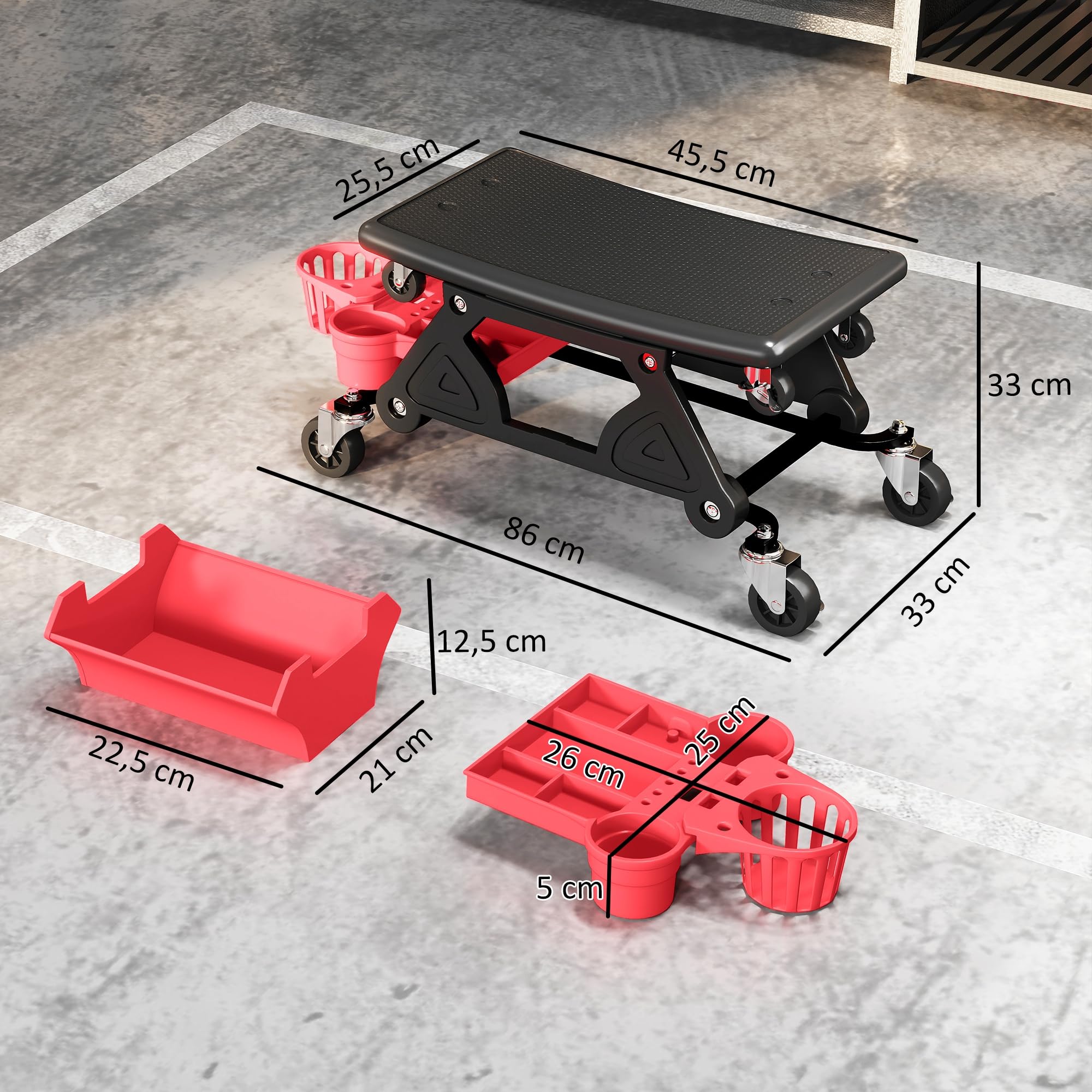 HOMCOM Taburete de Taller Giratorio con Ruedas Altura Ajustable Asiento Taburete para Mecánico con 2 Bandejas para Herramientas Portavasos Cajón Carga 135 kg para Garaje Reparación de Automóviles Rojo