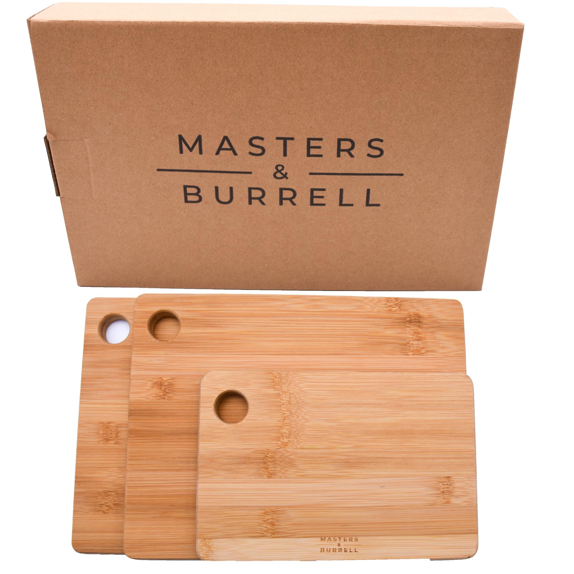 Masters & Burrell Set di 3 taglieri in legno di bambù, extra spessi, dimensioni: 33 x 22 | 28 x 22 | 22 x 15 cm, piedini antiscivolo a 3 strati senza plastica