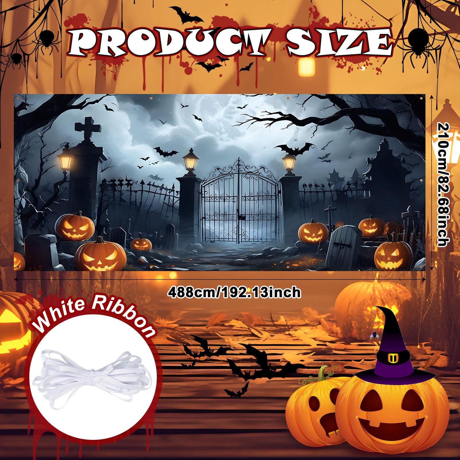 XhuangTech Baner na drzwi garażowe na Halloween, motyw horroru z 10 przelotkami, poliester 100D, straszna dynia, straszna wisząca dekoracja imprezowa (15 x 40 m Jack-O-latarnia z rzeźbionym)