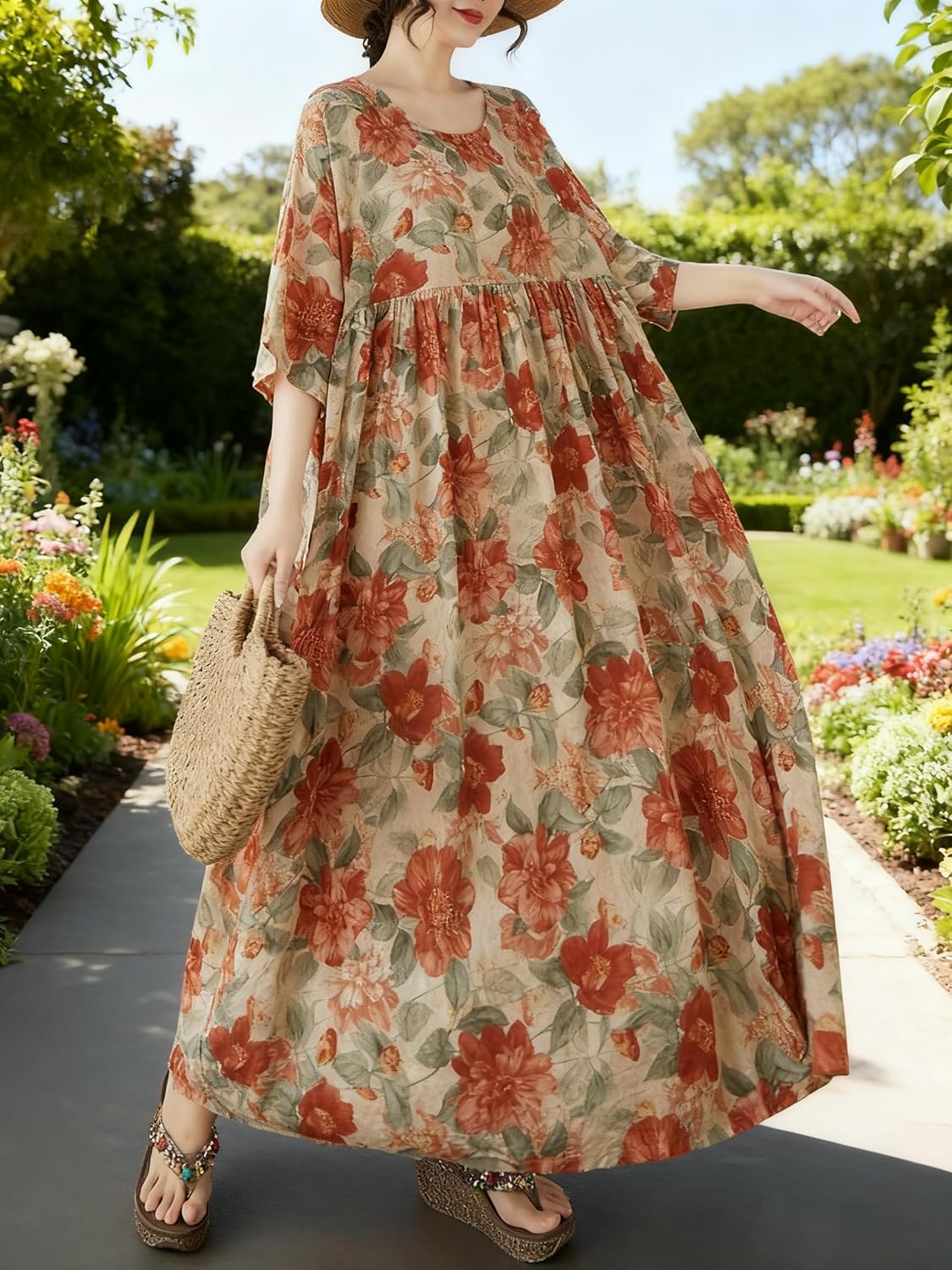 Women Plus Size Casual Dresses Floral Printed O Neck Short Sleeves Summer Oversized Dresses Boho Loose Fitting Wear - Image 2